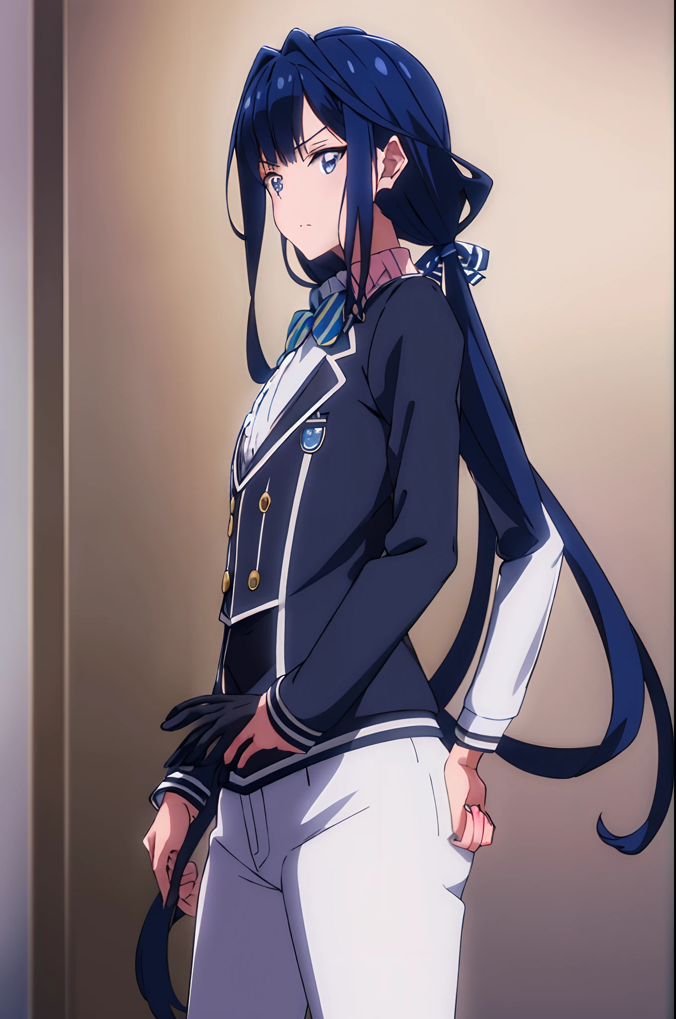 masterpiece, best quality,highres,aki,twintails,white pants ,long hair,1girl, solo, tailcoat butler ,blue hair, blue eyes,tailcoat,striped,tight pants ,shirt black ,school,, blue, looking at viewer,badass butler