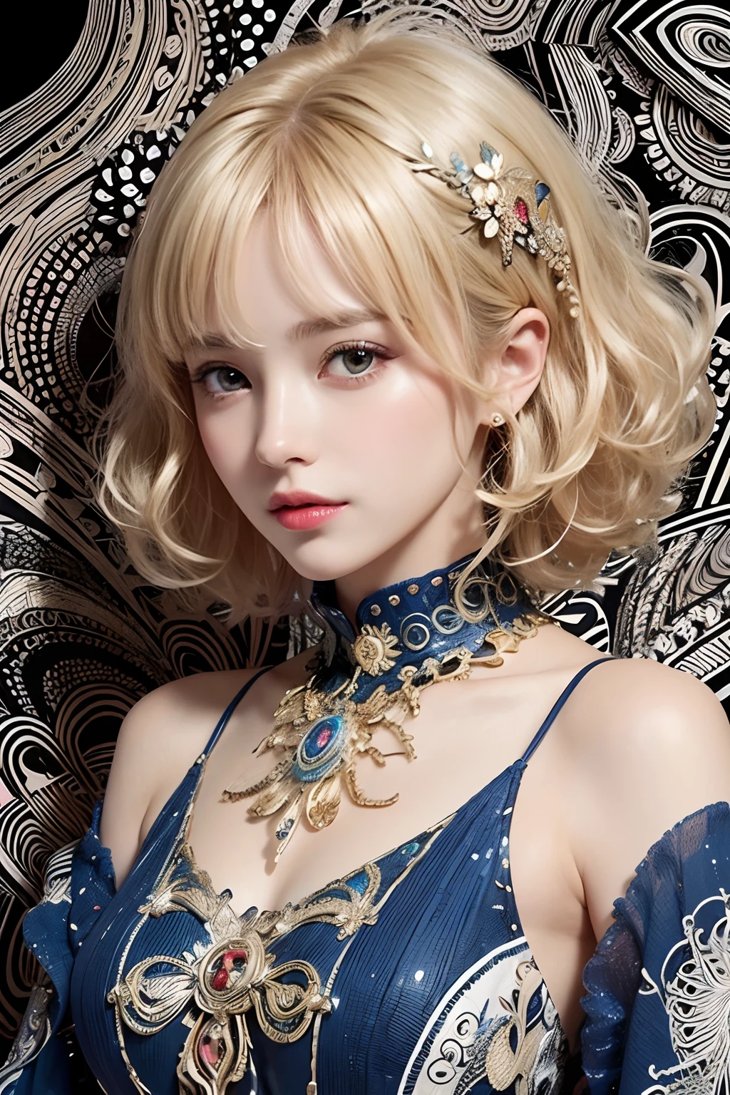 (masterpiece, top quality, best quality, official art, beautiful and aesthetic:1.2), (1girl:1.3), extremely detailed,(fractal art:1.2),colorful,highest detailed,(zentangle:1.2), (dynamic pose), (abstract background:1.5), (treditional dress:1.2), (shiny skin), (many colors:1.4), upper body,blonde hair, ((very curly hair))((puffy hair))((short hair))