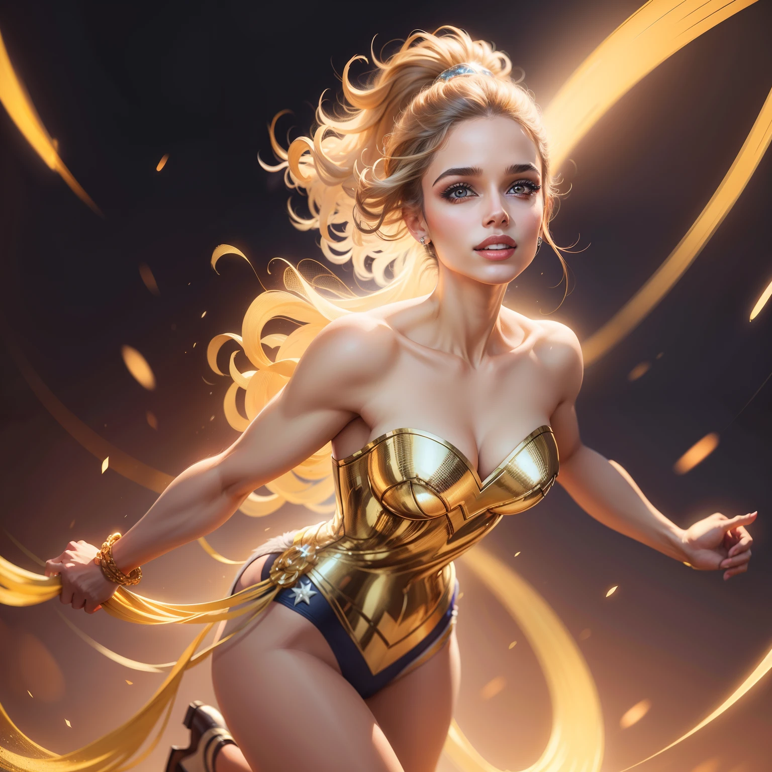 Bella Blondinskaya, bombshell blond, 30 anos, flying Goddess, longos cabelos loiros, braided hair, olhos azuis, look at camera, HIGH CHEEKBONES, heaven, Curvilinear athletic body, breasts, busto, Muscles, ombros largos, detalhes intrincados, imagem altamente detalhada, heaven, luz solar, contra - luz, armadura de ouro, DIVA, super heroine, strapless armour, , Choque de Ouro, perspectiva frontal
