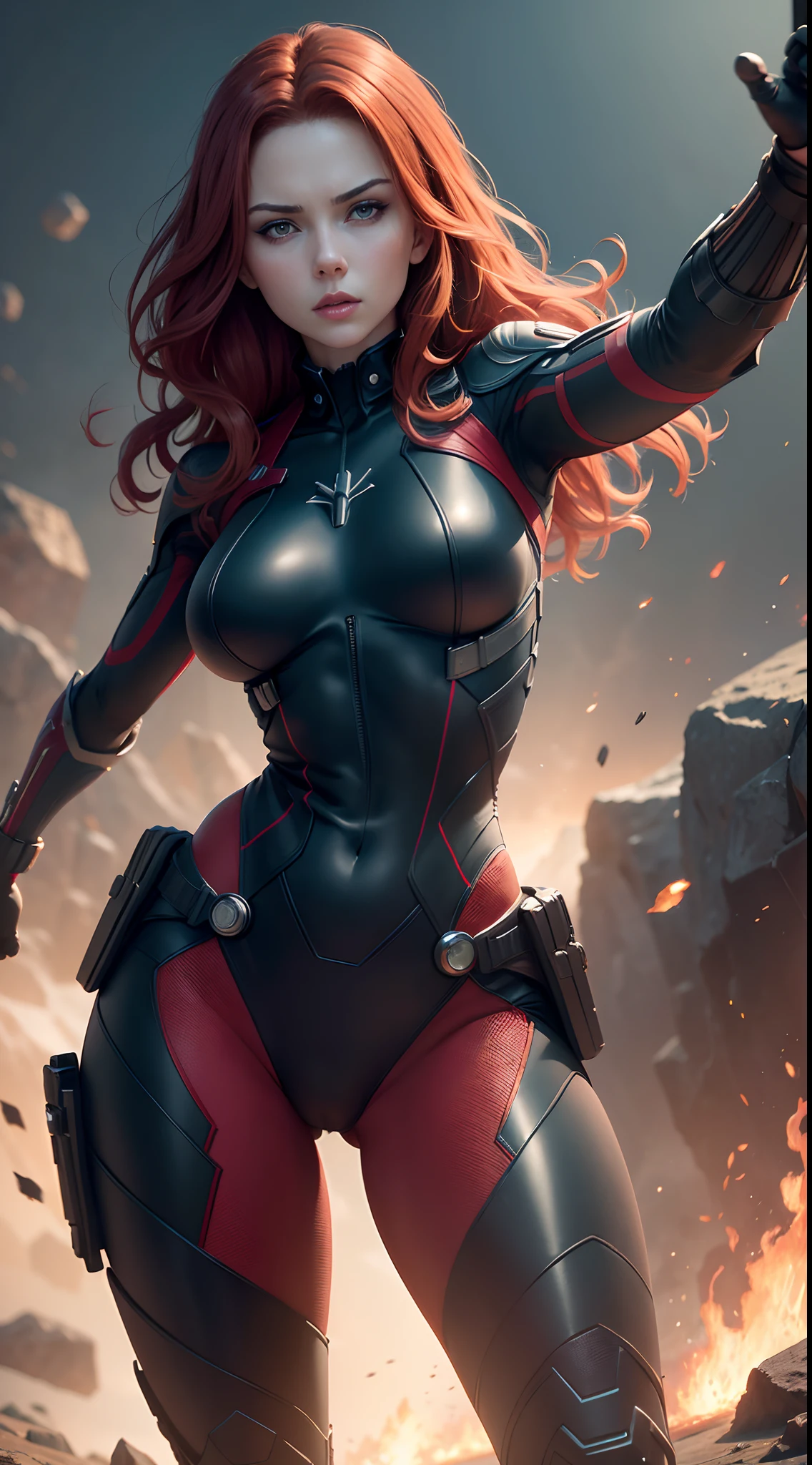 1girl, Full body, Natasha Romanoff style of the Black Widow (from marvel universe)costume, medium breasts, on an alien planet, (masterpiece, best quality, detailed skin texture, detailed cloth texture, beautiful detailed face, intricate details, ultra detailed), short wavy red hair, whole body, fighting pose, random pose, ((( shooting ))), explosion background (Best quality, A high resolution, Photorealistic, primitive, 8K,Masterpiece, ),Best quality, Masterpiec8K.hdr. High ribs:1.2, filmgrain, Blur bokeh:1.2, Lens flare, (vivd colour:1.2), (Delicate),