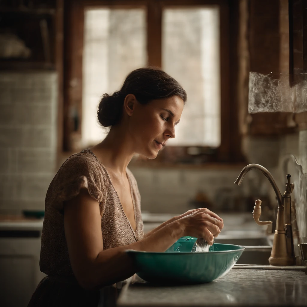 Create a naked girl sitting at a kitchen table with an old woman cooking 