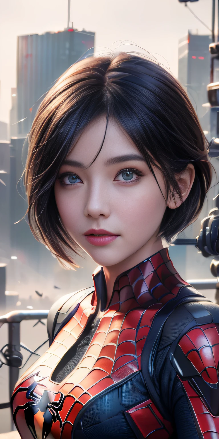 (1girl:1.3), Solo, (((Very detailed face)))), ((Very detailed eyes and face)))), Beautiful detail eyes, Body parts__, Official art, Unified 8k wallpaper, Super detailed, beautiful and beautiful, beautiful, masterpiece, best quality, original, masterpiece, super fine photo, best quality, super high resolution, realistic realism, sunlight, full body portrait, amazing beauty, dynamic pose, delicate face, vibrant eyes, (from the front), She wears Spider-Man suit, red and black color scheme, spider, very detailed city roof background, rooftop, overlooking the city, detailed face, detailed complex busy background, messy, gorgeous, milky white, highly detailed skin, realistic skin details, visible pores, clear focus, volumetric fog, 8k uhd, DSLR, high quality, film grain, fair skin, photo realism, lomography, futuristic dystopian megalopolis, translucent,poneyTail、short hair