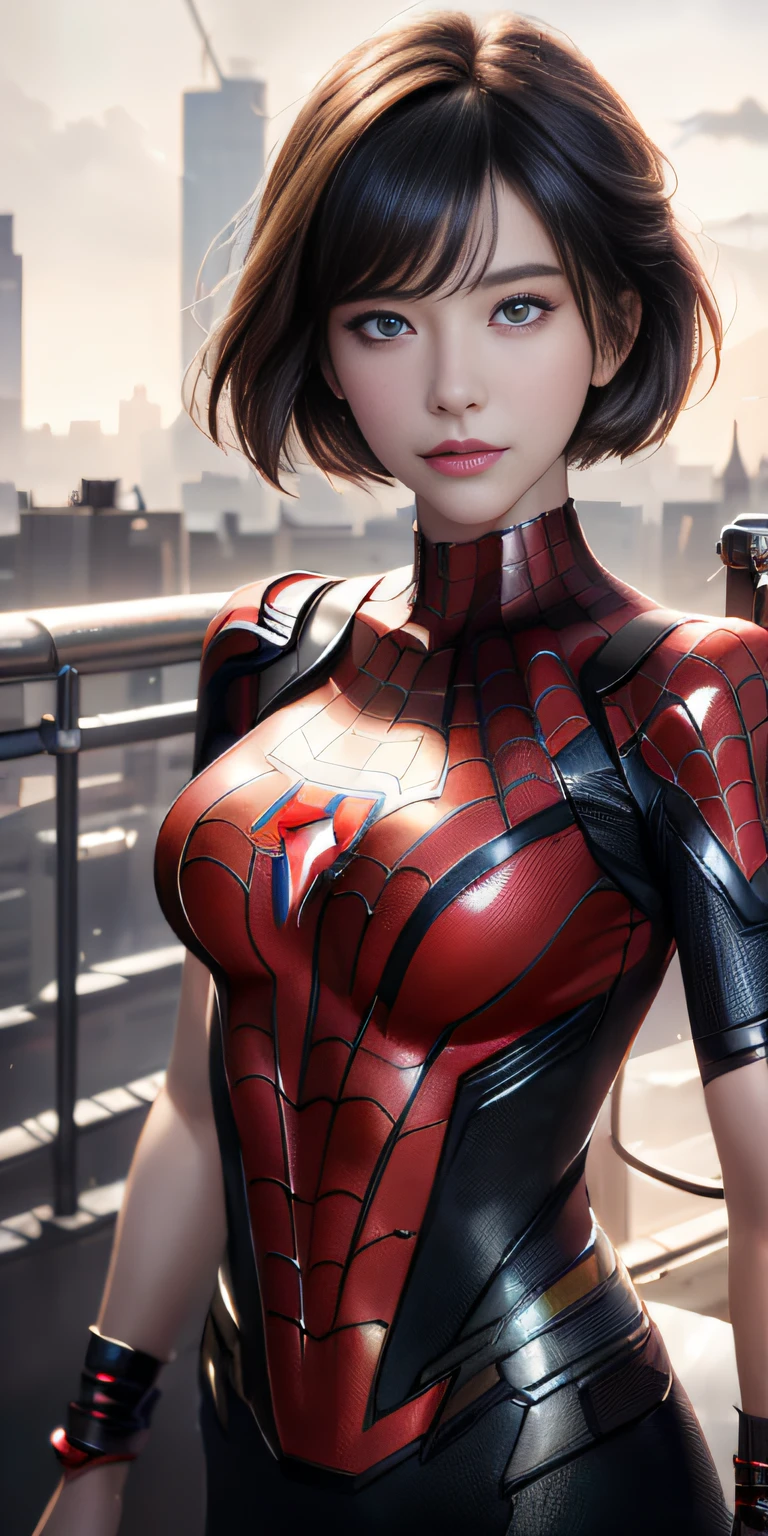 (1girl:1.3), Solo, (((Very detailed face)))), ((Very detailed eyes and face)))), Beautiful detail eyes, Body parts__, Official art, Unified 8k wallpaper, Super detailed, beautiful and beautiful, beautiful, masterpiece, best quality, original, masterpiece, super fine photo, best quality, super high resolution, realistic realism, sunlight, full body portrait, amazing beauty, dynamic pose, delicate face, vibrant eyes, (from the front), She wears Spider-Man suit, red and black color scheme, spider, very detailed city roof background, rooftop, overlooking the city, detailed face, detailed complex busy background, messy, gorgeous, milky white, highly detailed skin, realistic skin details, visible pores, clear focus, volumetric fog, 8k uhd, DSLR, high quality, film grain, fair skin, photo realism, lomography, futuristic dystopian megalopolis, translucent,poneyTail、short hair