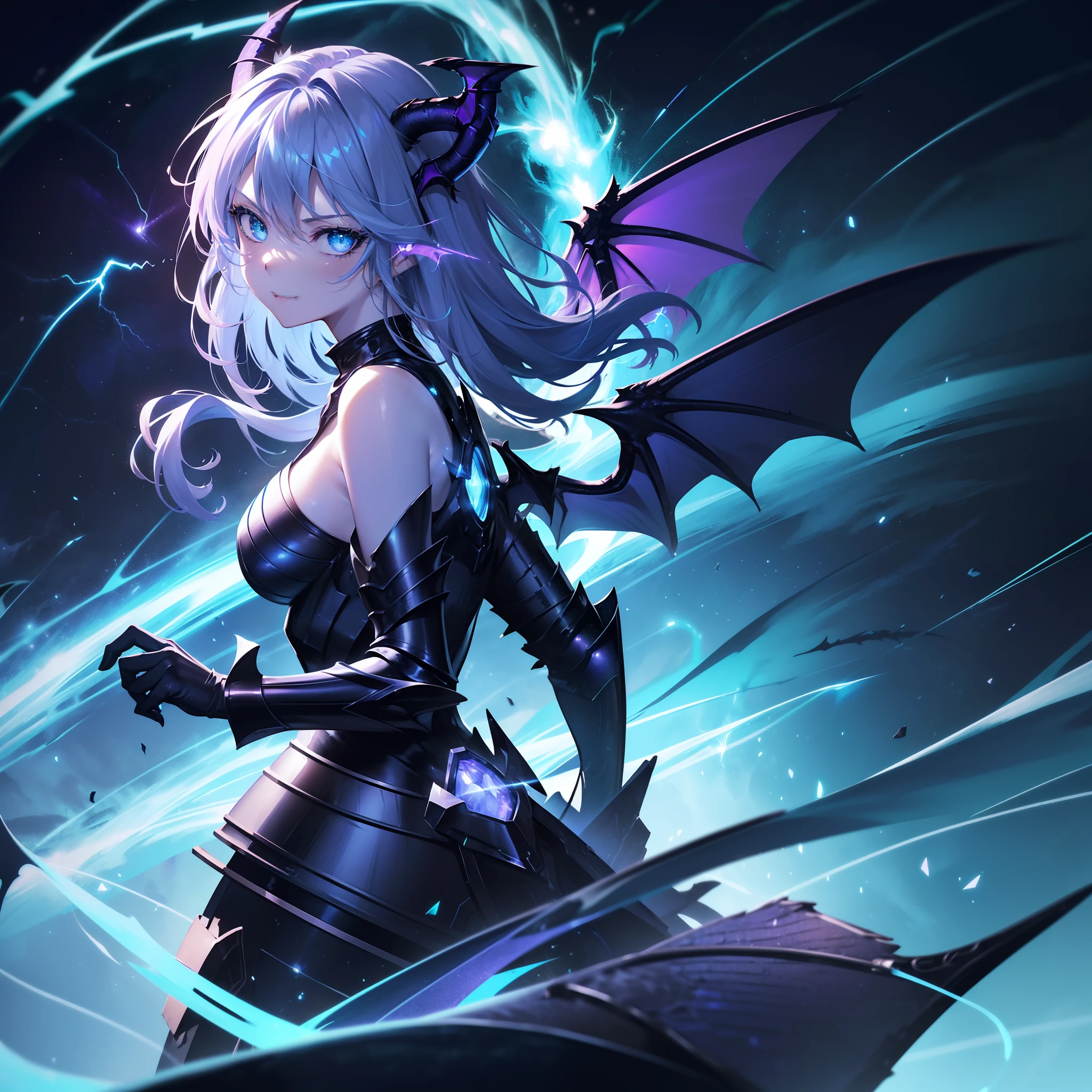 (Blue horn glowing with green lightning:1.7),(Two glowing blue dragon horns:1.3),(Long black hair that glows blue:1.3),Messy straight hair,(Face Focus:1.3),(Slim Face:1.3), (Blue lightning background:1.3),(angry,Smile:1.3) ,(tiny chest:1.0),(Lip close-up:1.3),(dragon knight:1.3), (Two big dragon wings:1.7), (Dressed in the armor of the Purple Dragon Knight:1.3), (complex armour:1.3), (The dragon:1.3),Starry skies and a vortex of light enveloped her, Canon 5D, 85 mm, depth of fields, 8K, ultra sharpness, nffsw, octane, Unreal, Dramatic light, Global Illumination,Motion Picture Film,rainbow,lensflare,(brue eyes:1.3),extremely detailed eye,(Purple Thunder Wave Art:1.3),(Fantasia:1.3),(Agfacolor:1.3),(close portrait:1.3),(Feminine:1.4),(Beautiful:1.4),(Attractive:1.3),Move an angle,perfectly detailed eyes,Themed Background,A completely huge dragon kills a partisan、(Armed combat action:1.3)