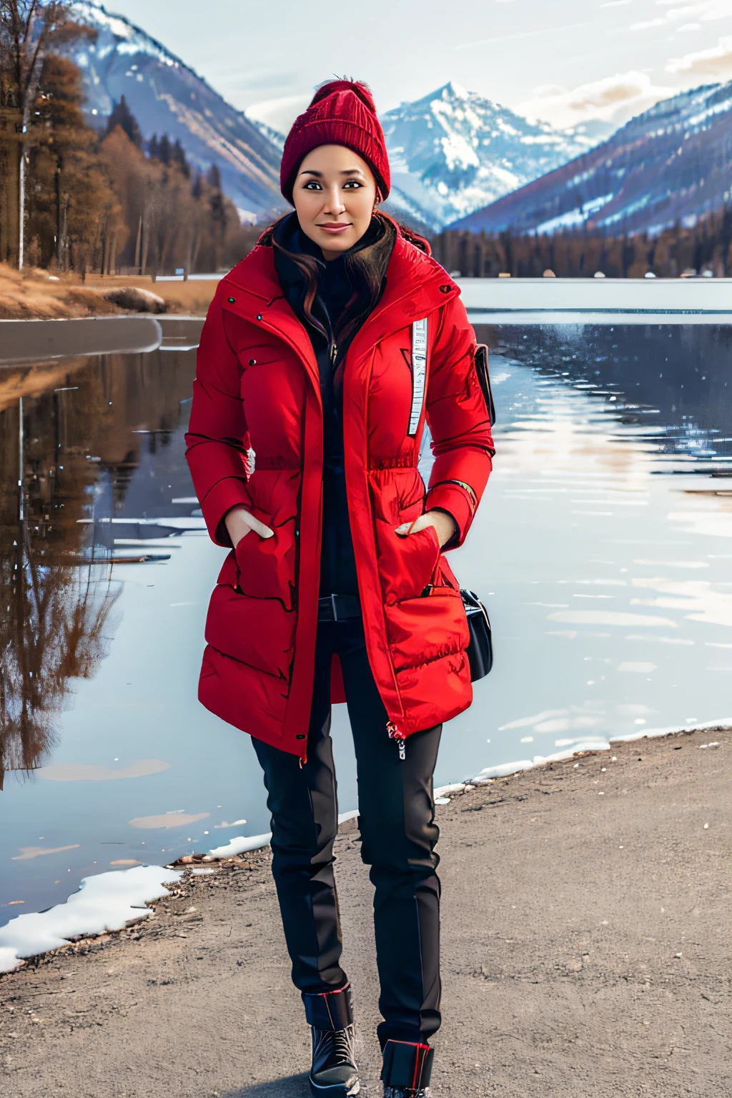 Make a woman with big breast, Red long winterjacket , with open zipper, with face, body, Lakeside house, travel bag, black pants, dog, Sweater