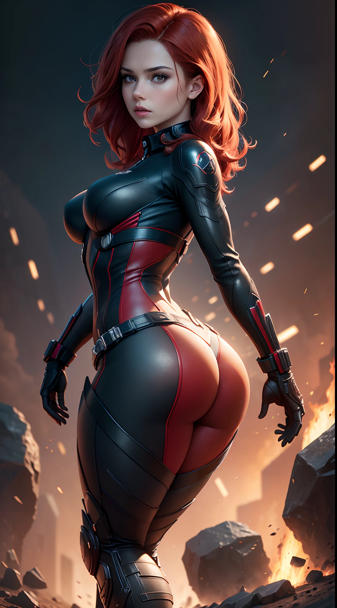 1girl, Full body, Natasha Romanoff style of the Black Widow (from marvel universe)costume, medium breasts, on an alien planet, (masterpiece, best quality, detailed skin texture, detailed cloth texture, beautiful detailed face, intricate details, ultra detailed), short wavy red hair, whole body, random pose, ((( looking back))), explosion background (Best quality, A high resolution, Photorealistic, primitive, 8K,Masterpiece, ),Best quality, Masterpiec8K.hdr. High ribs:1.2, filmgrain, Blur bokeh:1.2, Lens flare, (vivd colour:1.2), (Delicate),