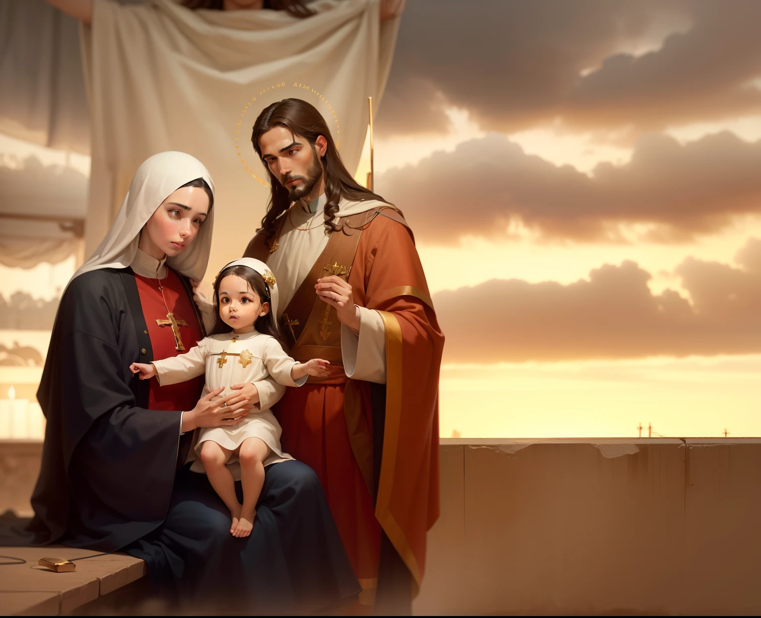 a closeup of a dish with a photo of a family, Com o Menino Jesus, catholic icon, roman catholic icon, catholic religious art, iconografia religiosa, retrato da obra-prima religiosa, holy themed, santo, arte sacra, Massys, Catholic, Virgem Maria, christian saint rosace, imaculadamente detalhado, Holy, 3 - piece, painting on a badge