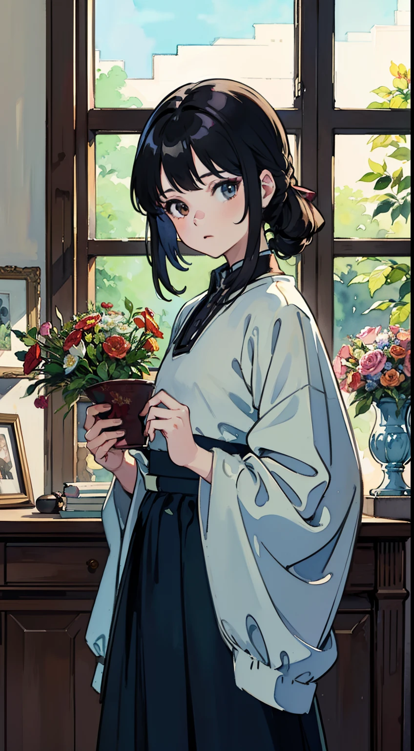 ((Watercolor by singer Sargent))、(top-quality、masterpiece)、1girl in、、A stunning、Short black hair、tiny chest、校服、long skirt、atlibrary、Boken、Flower Shop、Holding flowers、The table、florals、window、houseplant、 The tree,