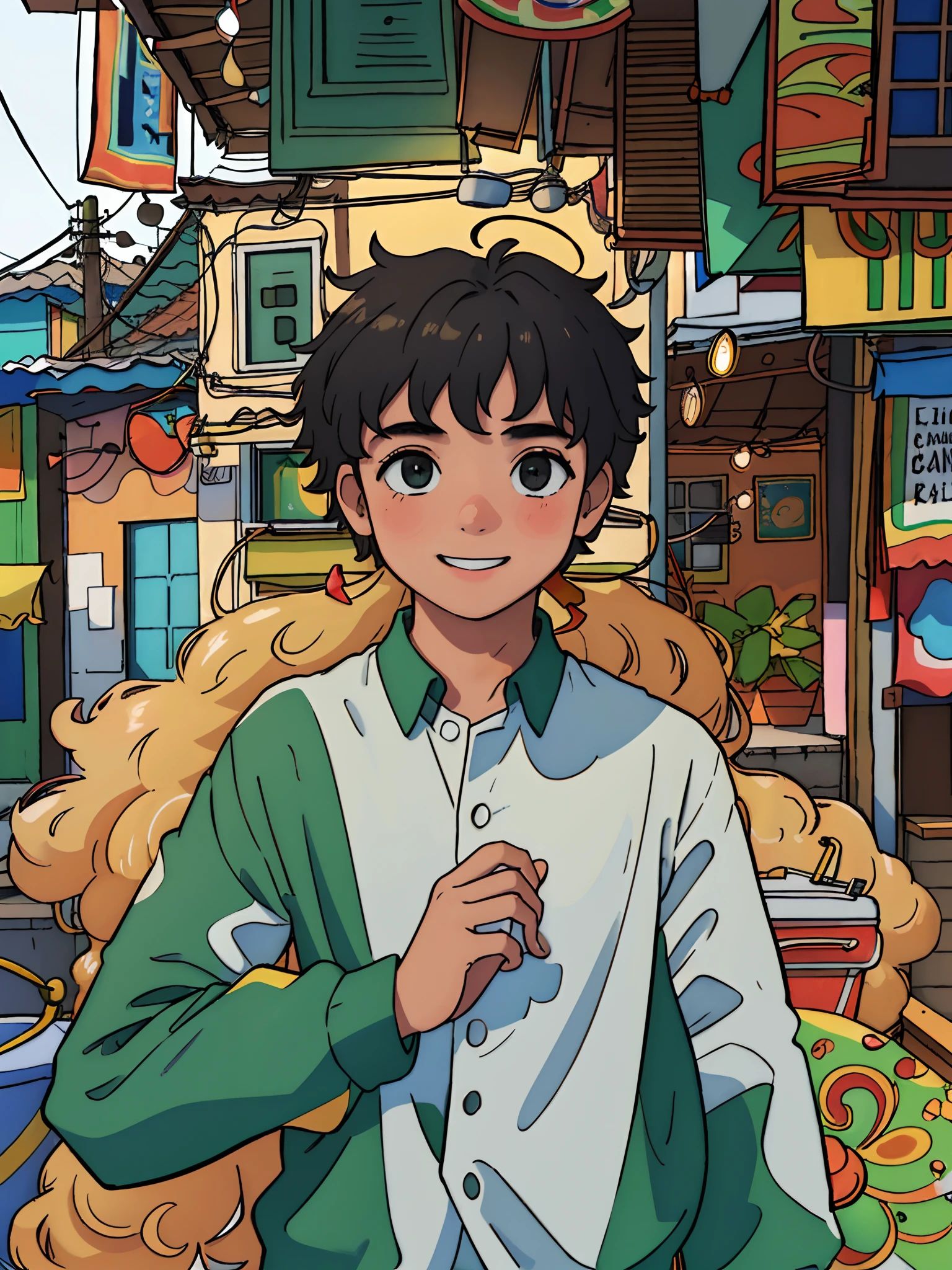 (best quality,4k,8k,highres,masterpiece:1.2),ultra-detailed,(realistic,photorealistic,photo-realistic:1.37),uma favela, rio de janeiro,(highly detailed,engrossing) background,-yeld boreen shirt,curly hair,straightforward gaze,black,brave,charming smile(Brazilian:1.1),(lively, vibrant) colors,sunlit,floating clouds,happy atmosphere,energetic,authentic,festive music,warm breeze
