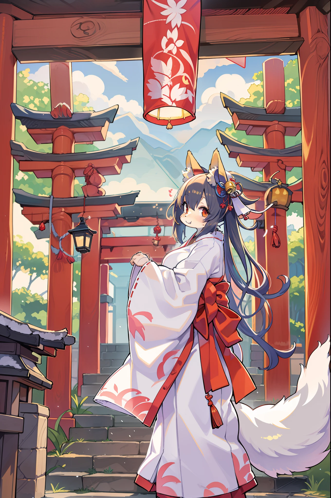 Fox Woman、body covered with fur、huge-breasted、kawaii、shrine maiden、Japan white clothes,Red Hakama、torii gate,summer day、From the top、Overhead view、Wide Shot、Very Wide Shot、A big smile、bbw、thick thight、big butts、Ultramammy