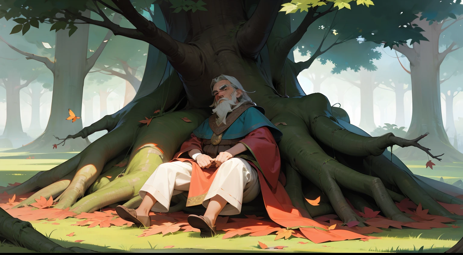 one tree，Fallen leaves，A dwarf stands under a tree，Western fantasy，Fairytales，Works of masters，A high resolution，Exquisite facial features