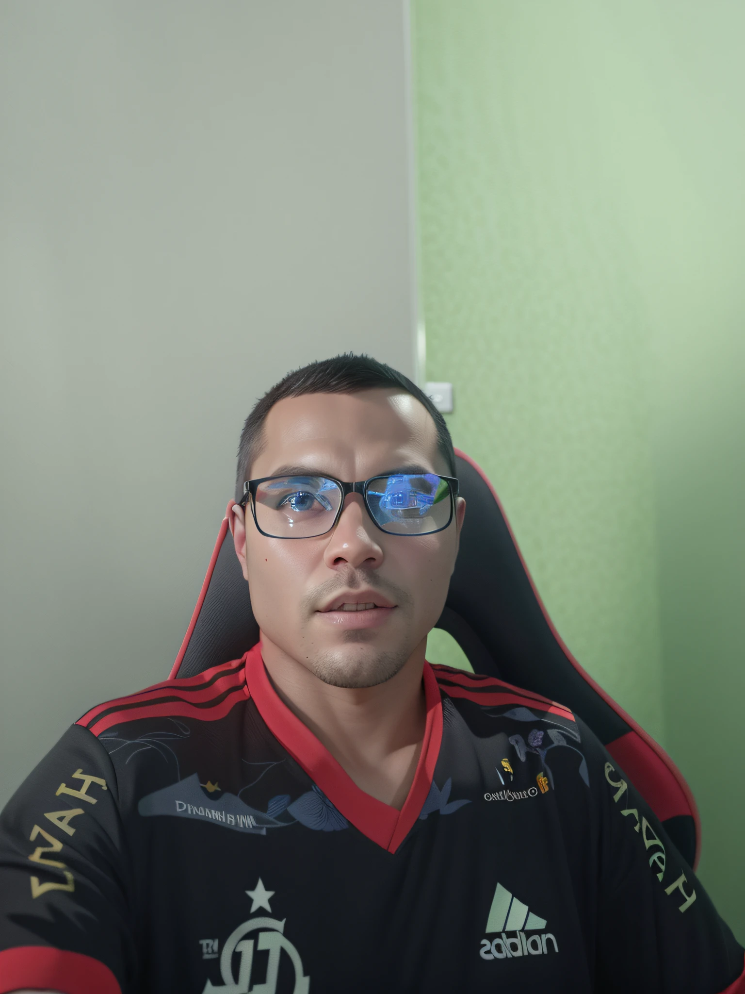3d avatar There is a man sitting in a chair with glasses,