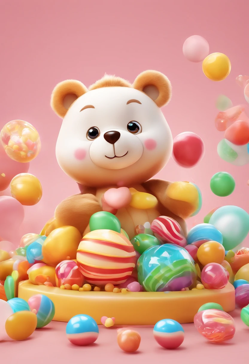 The cartoon character of the designed bear is a cute one、Rounded bear,Wear candy-colored clothing,Has big round eyes and a sweet smile。It sits on a pile of colorful blocks,Small balls like candy are scattered around。This image conveys ease、Pleasant and friendly feeling,Full of childlike fun and joy。The vivid and colorful elements of candy color make the whole design lively and lively,Perfect for the image of a toy store。This cartoon character of the bear will attract the love of children and parents,Become a cute representative of the toy store logo。