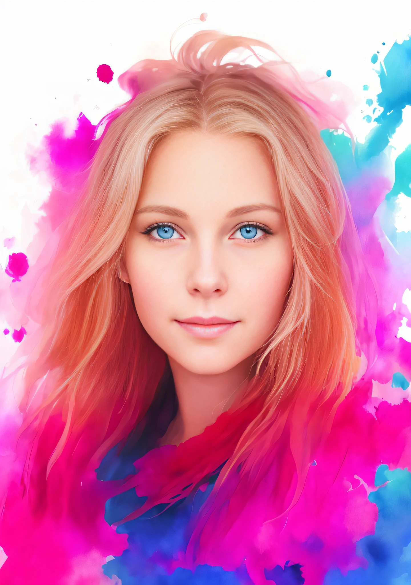 Girl with long blond hair looking at the camera, color portrait, photoshop art, watercolor style, High Quality Portrait, vibrant digital painting, digital art portrait, colorful digital painting, detailed color portrait, Watercolor art style, professional photoshop artwork, Watercolor digital painting, cmyk portrait, Painted portrait in the center, watercolor effect, Painted portrait on the side in the center, digital art image