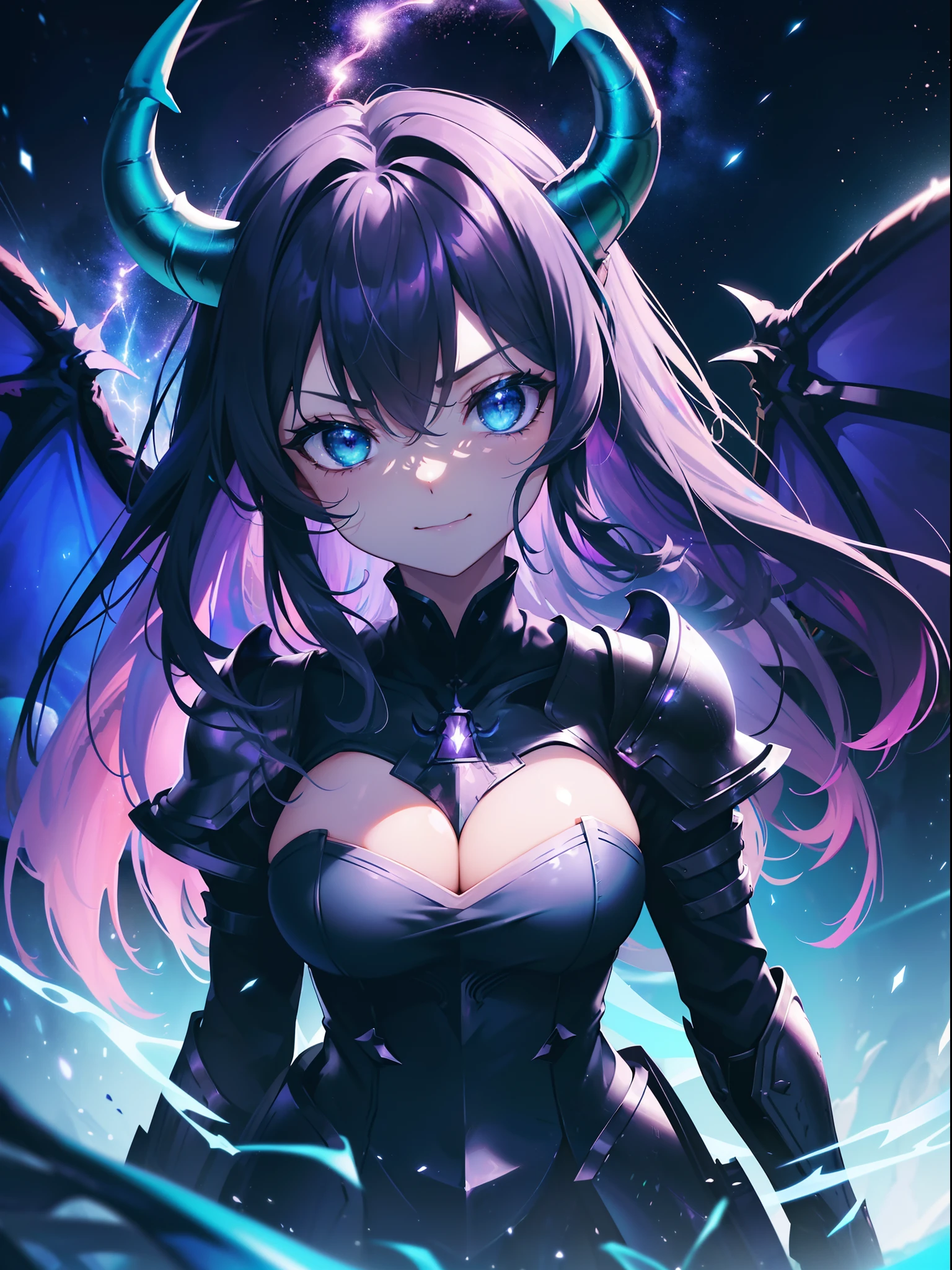 Cat's ears,(Blue horn glowing with green lightning:1.7),(Two glowing blue dragon horns:1.3),(Long black hair that glows blue:1.3),Messy straight hair,(Face Focus:1.3),(Slim Face:1.3), (Blue lightning background:1.3),(angry,Smile:1.3) ,(tiny chest:1.0),(Lip close-up:1.3),(dragon knight:1.3), (Two big dragon wings:1.7), (Dressed in the armor of the Purple Dragon Knight:1.3), (complex armour:1.3), (The dragon:1.3),Starry skies and a vortex of light enveloped her, Canon 5D, 85 mm, depth of fields, 8K, ultra sharpness, nffsw, octane, Unreal, Dramatic light, Global Illumination,Motion Picture Film,rainbow,lensflare,(brue eyes:1.3),extremely detailed eye,(Purple Thunder Wave Art:1.3),(Fantasia:1.3),(Agfacolor:1.3),(close portrait:1.3),(Feminine:1.4),(cute little:1.4),(Attractive:1.3),Move an angle,perfectly detailed eyes,Themed Background,A completely huge dragon kills a partisan、(Armed combat action:1.3)