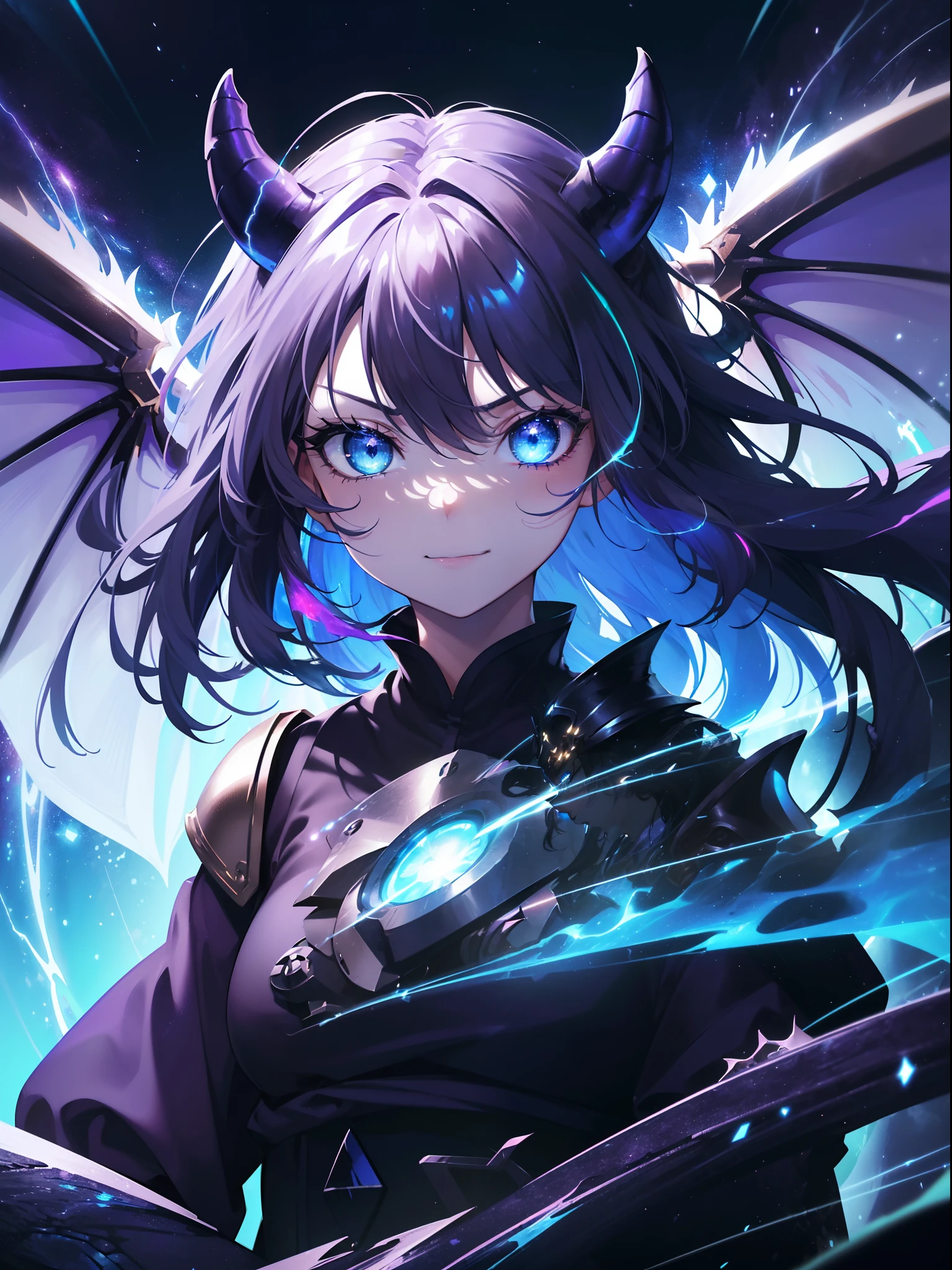 Cat's ears,(Blue horn glowing with green lightning:1.7),(Two glowing blue dragon horns:1.3),(Long black hair that glows blue:1.3),Messy straight hair,(Face Focus:1.3),(Slim Face:1.3), (Blue lightning background:1.3),(angry,Smile:1.3) ,(tiny chest:1.0),(Lip close-up:1.3),(dragon knight:1.3), (Two big dragon wings:1.7), (Dressed in the armor of the Purple Dragon Knight:1.3), (complex armour:1.3), (The dragon:1.3),Starry skies and a vortex of light enveloped her, Canon 5D, 85 mm, depth of fields, 8K, ultra sharpness, nffsw, octane, Unreal, Dramatic light, Global Illumination,Motion Picture Film,rainbow,lensflare,(brue eyes:1.3),extremely detailed eye,(Purple Thunder Wave Art:1.3),(Fantasia:1.3),(Agfacolor:1.3),(close portrait:1.3),(Feminine:1.4),(cute little:1.4),(Attractive:1.3),Move an angle,perfectly detailed eyes,Themed Background,A completely huge dragon kills a partisan、(Armed combat action:1.3)