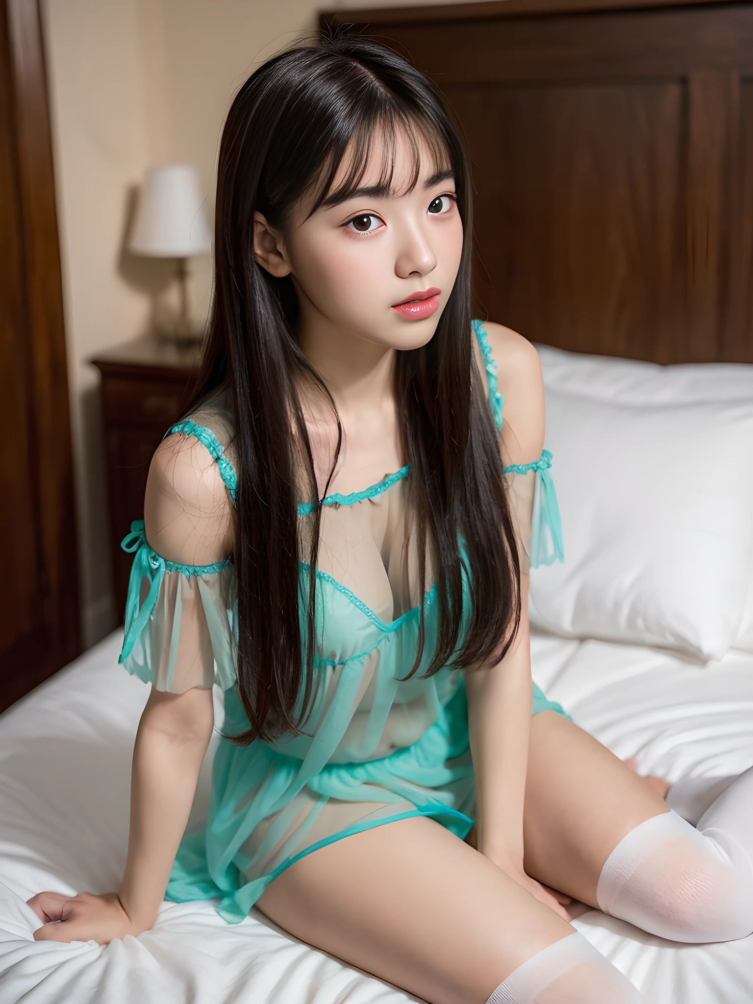 (1girl:1.1), cute, , looks pure, 4k, RAW photo, (photo realistic:1.37), ultra high res, best quality, small round face, big eyes, extremely detailed face, extremely detailed eyes, slender, thin legs, slim long legs, depth of field, professional lighting, shiny skin, face lights, natural shading, blushing, dynamic pose, BREAK (wearing transparent sheer babydoll dre.3), (wearing thigh-high socks:1.3), sitting on bed, Thin makeup, (shot from front:1.2), BREAK (shoulder length hair with bangs:1.2), (background:sweet girl's bedroom:1.2), full body, night, fair skin,