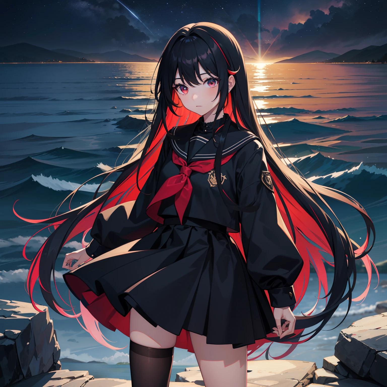 starrysky,Long hair in multicolored colors,red color eyes,black school uniform,horizon,Across the river,Black silk girl