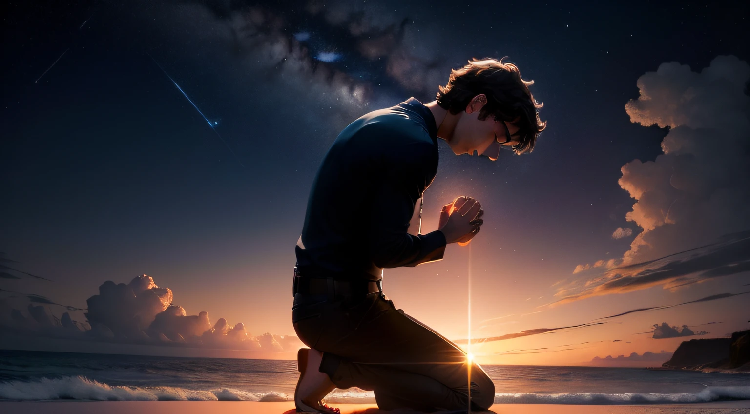Create an image of a silhouette of a man kneeling in prayer, with hands clasped together and head tilted slightly forward. The scene should be at night, with the silhouette highlighted against a starry sky. A luz da lua ou das estrelas deve iluminar suavemente o homem, criando uma atmosfera serena e espiritual.