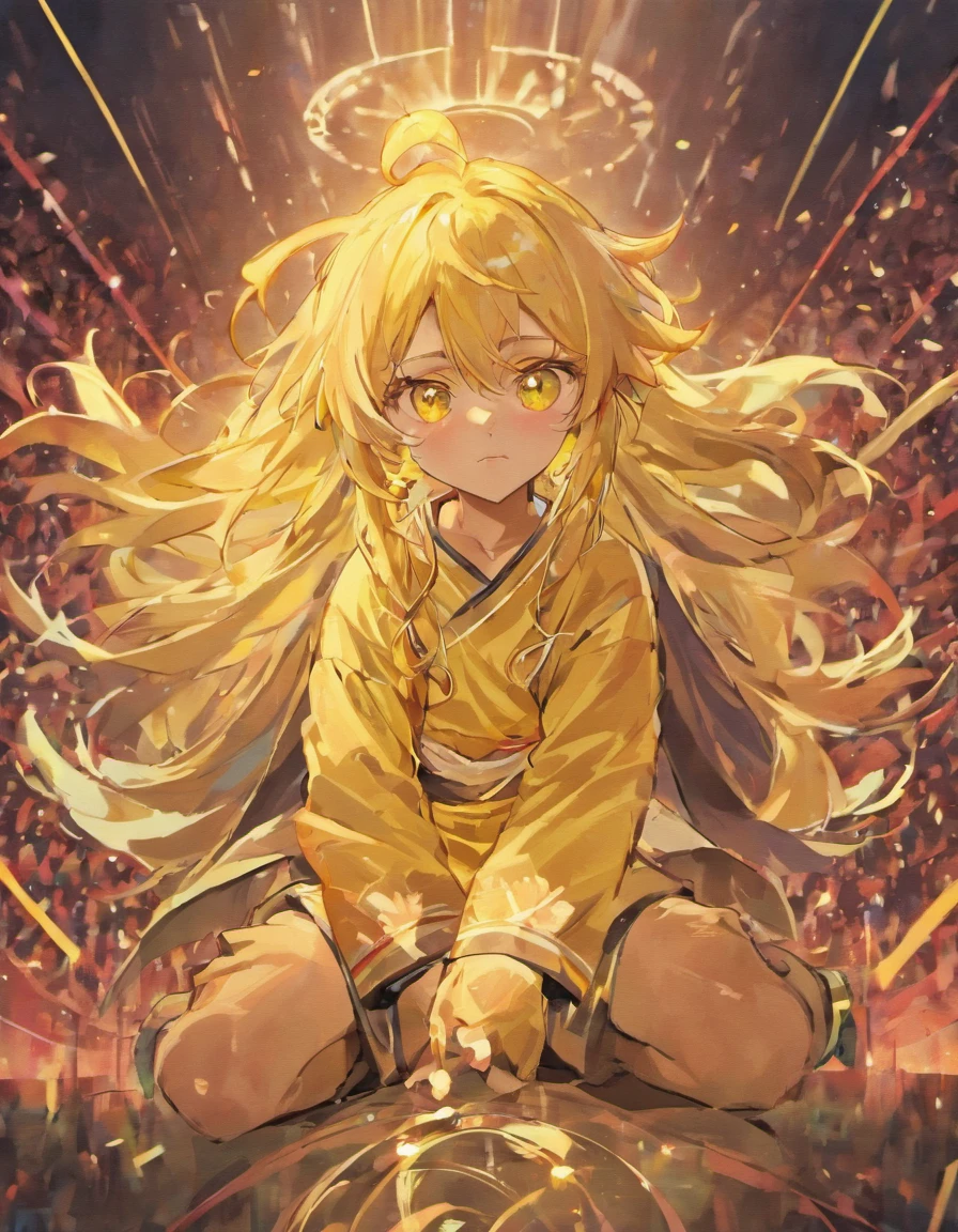 An anime boy with long yellow hair, his eyes are the eyes of a lion, wearing an Iraqi national team shirt from Adidas, sitting on a football in the middle of the Camp Nou stadium.