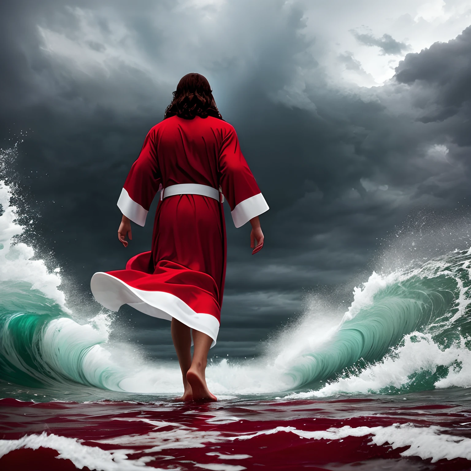 Jesus in a red and white robe walking on water in the middle of the storm