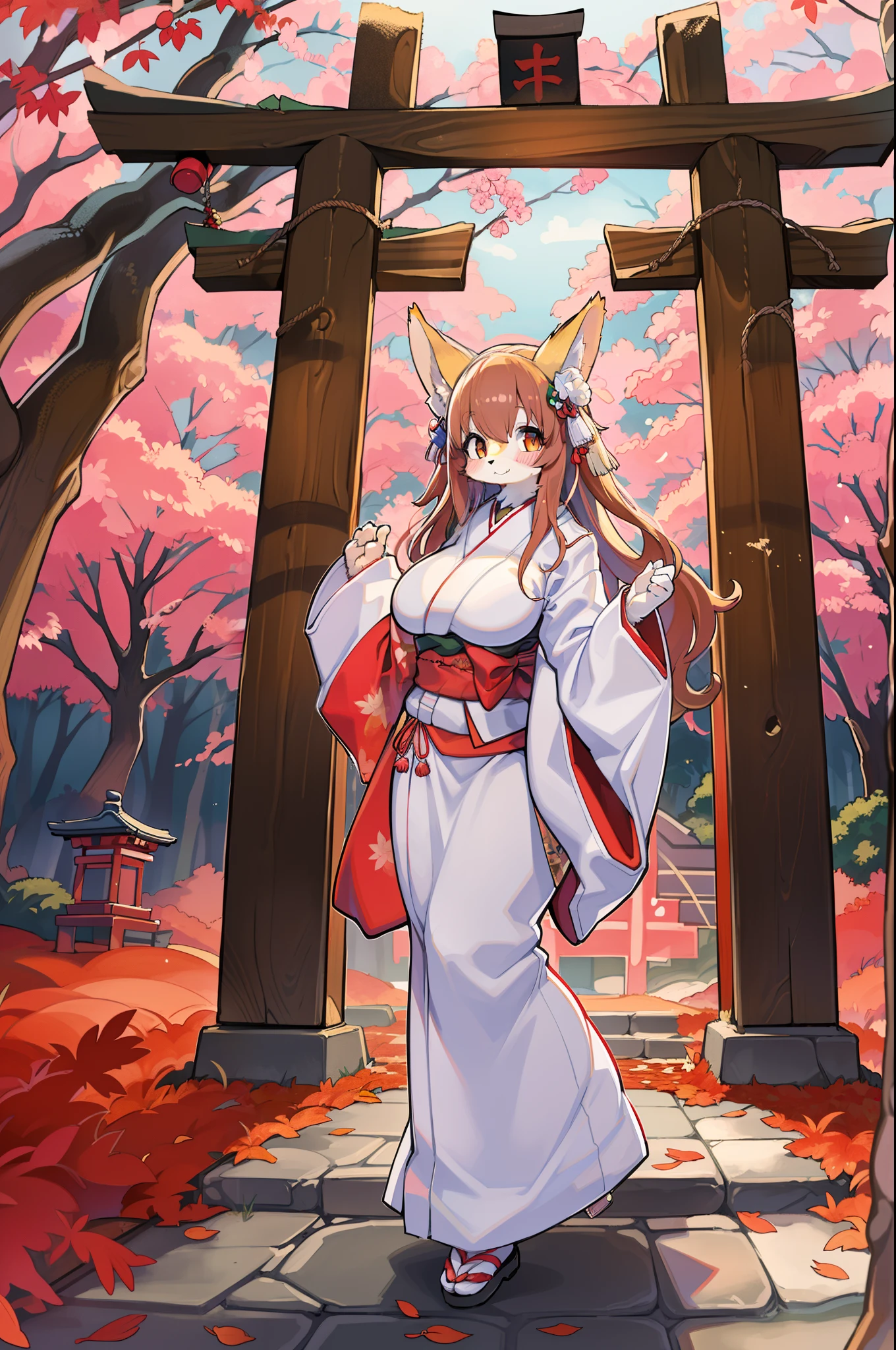 Fox Woman、body covered with fur、huge-breasted、kawaii、shrine maiden、Japan white clothes,Red Hakama、torii gate,autumn day、From below、Wide Shot、Very Wide Shot、A big smile、bbw、thick thight、big butts、Ultramammy、Under the maple tree