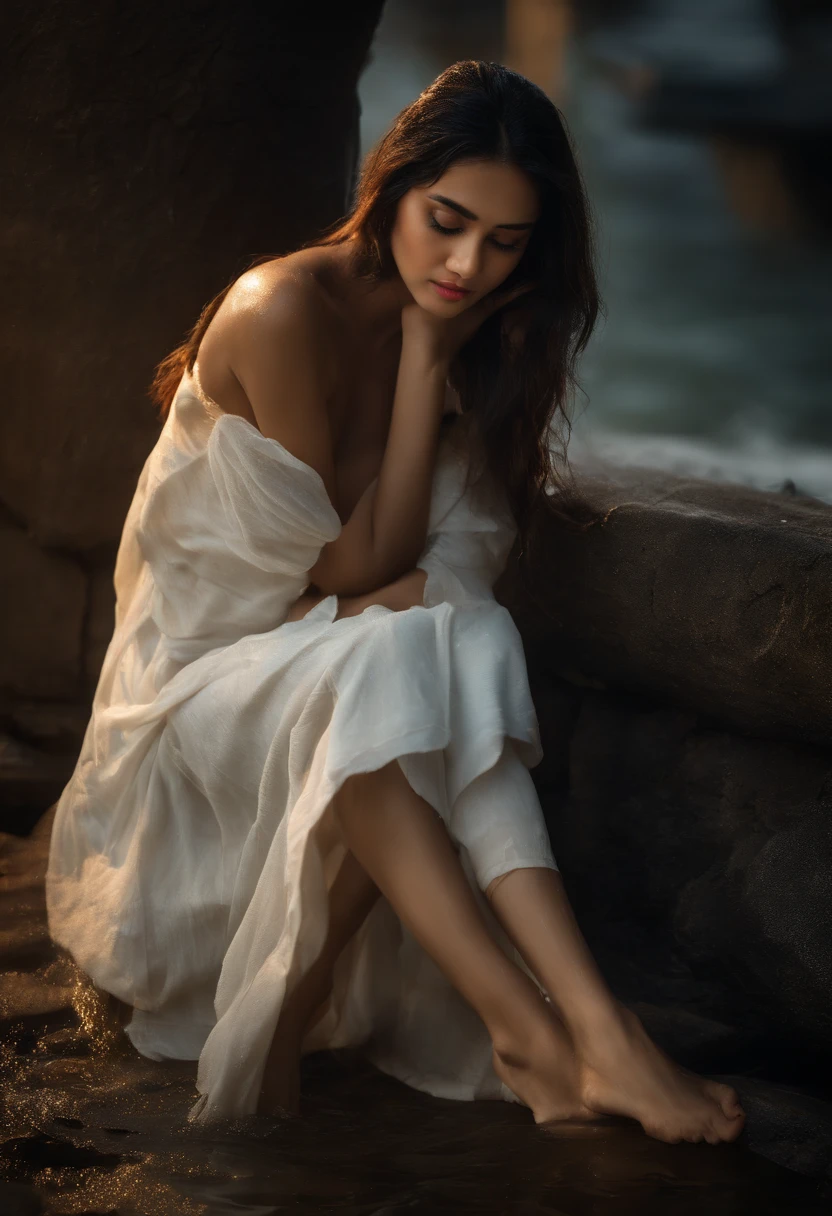 Davika Hoorne Best Quality, masterpiece, ultra res, (fidelity:1.4), Photograph, 1 girl,[(depressed)],White shirt, cloudy, darkness, desperation, pity, pity, poor, Skin, Tears, teardrops, (Torn clothes:1.7), (wet clothes:1.4), Bare shoulders, Real Rain, Wet hair,.. (Hand in crotch, Sexy: 1.2)