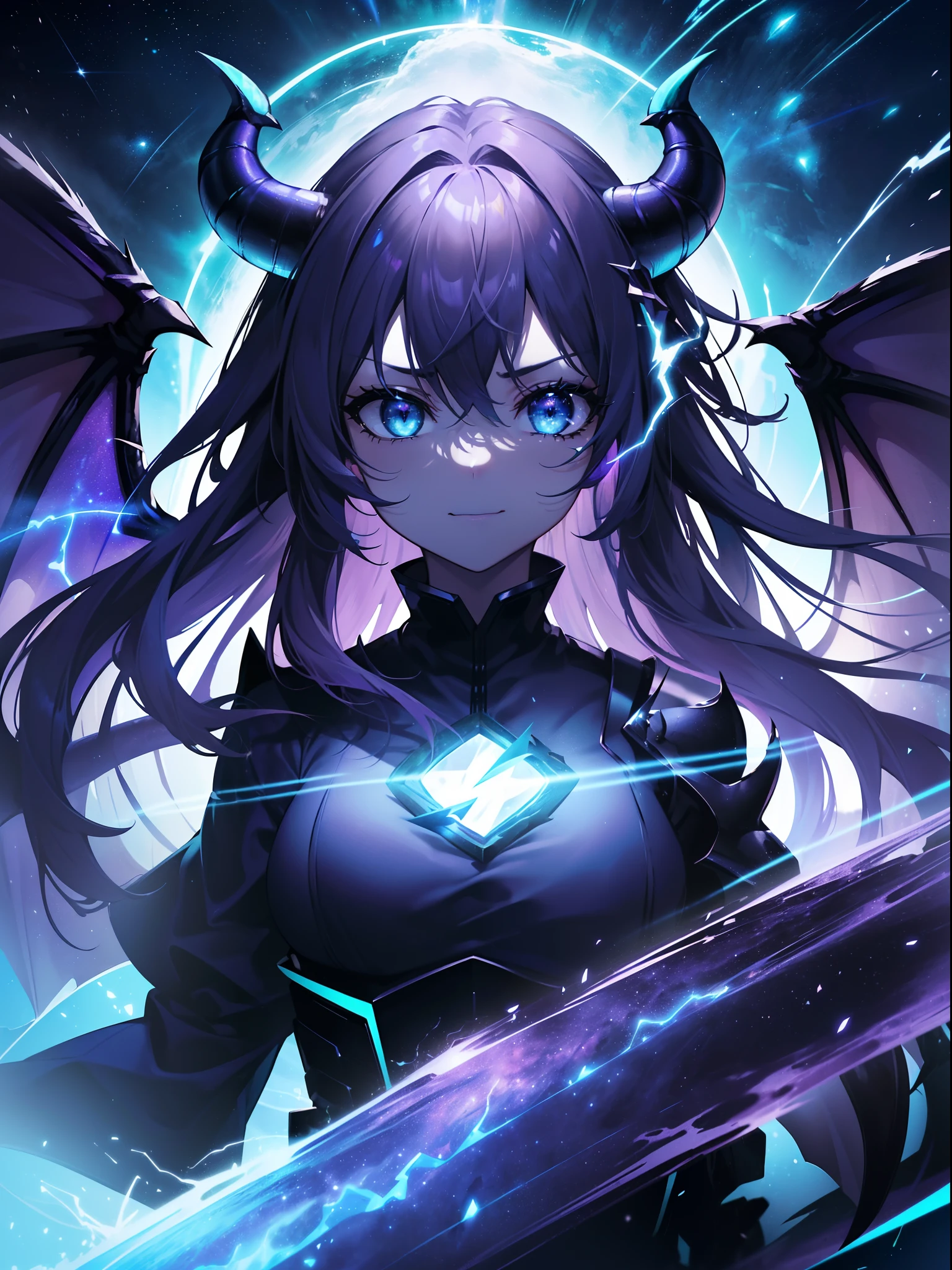 Cat's ears,(Blue horn glowing with green lightning:1.7),(Two glowing blue dragon horns:1.3),(Long black hair that glows blue:1.3),Messy straight hair,(Face Focus:1.3),(Slim Face:1.3), (Blue lightning background:1.3),(angry,Smile:1.3) ,(tiny chest:1.0),(Lip close-up:1.3),(dragon knight:1.3), (Two big dragon wings:1.7), (Dressed in the armor of the Purple Dragon Knight:1.3), (complex armour:1.3), (The dragon:1.3),Starry skies and a vortex of light enveloped her, Canon 5D, 85 mm, depth of fields, 8K, ultra sharpness, nffsw, octane, Unreal, Dramatic light, Global Illumination,Motion Picture Film,rainbow,lensflare,(brue eyes:1.3),extremely detailed eye,(Purple Thunder Wave Art:1.3),(Fantasia:1.3),(Agfacolor:1.3),(close portrait:1.3),(Feminine:1.4),(cute little:1.4),(Attractive:1.3),Move an angle,perfectly detailed eyes,Themed Background,A completely huge dragon kills a partisan、(Armed combat action:1.3)