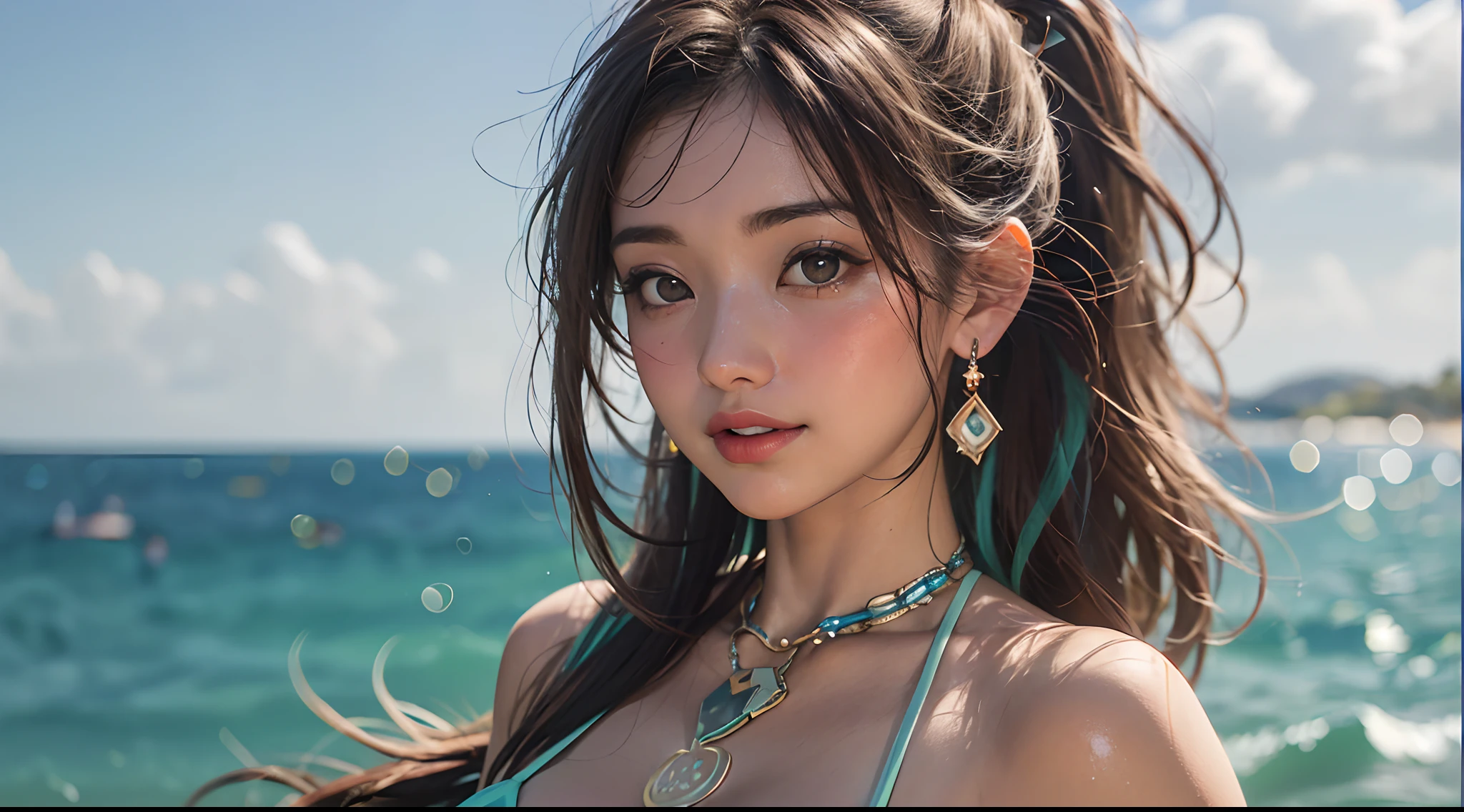 Girl, , tall, Beautiful breasts, Big areola, Beautiful abs, Beautiful ass, Healthy skin, seductive expression, double eyelids, plump lips, small cherry mouth, patterns under the eyes, gold pattern tattoo on forehead, dynamic hair, high ponytail, beaded hair clip, layered hair, wet hair, loose hair, Flawless skin texture, real pores, wet skin texture, sweat sweat flowing all over the body, shiny skin, radiant skin, wearing gemstones, pearls, emeralds, amber, eyes looking into the lens, body proportions of a high jump athlete, not obese, not wearing underwear, no socks, no clothes, no shoes, dynamic pose, fighting pose, full body, high legs, legs stretched out, beautiful feet, groomed nails, small and delicate toes , perfect toe, white flowers at the waist, perfect combination with pictures, gemstones, diamonds, pendants, necklaces, waistbands, earrings, earrings, bracelets, jade anklets , Best photo quality, masterpiece, high detail, RAW, realistic, high quality details, rich cinematic lighting, incredible photos, super detailed, high resolution, very detailed detail, best quality, masterpiece, illustration, very detailed, CG, unified, 8k wallpaper, amazing, beautiful details, masterpiece, illuminated face on frame, backlight, cinematic lighting , wide angle lens, clear fish eyes, camera side, view from below the groin,