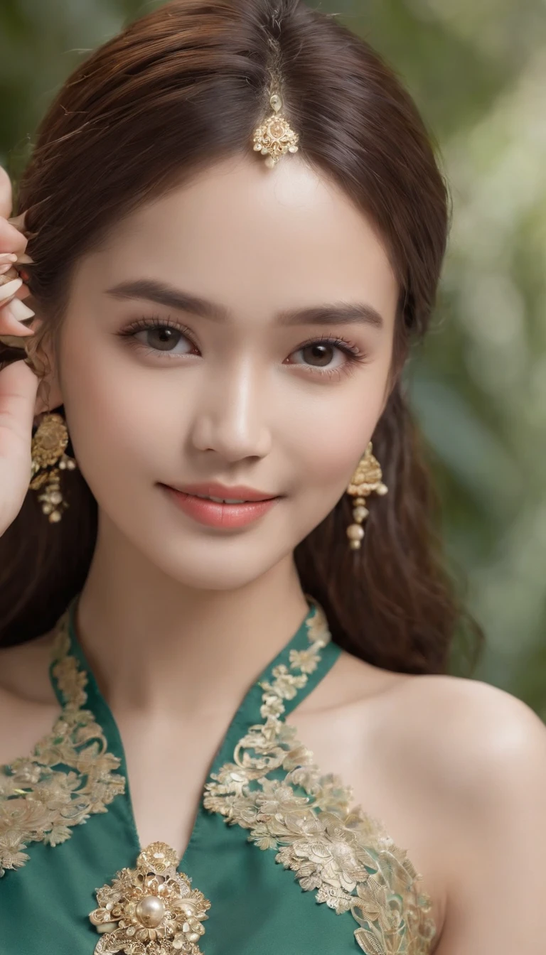 myth,argent,kebaya,gold,Scroll,batik,sleeveless, treasure,universe, face the camera, smile, 19 year old girl, cute girl, beautiful girl, indonesian model, white healthy skin, delicate eyes, tied-up hair, ethnic earrings, flower tiara, full body photo, ultra realistic hands, ultra realistic fingers, ultra detailed hands, ultra detailed fingers, (sexy body:1.2), (slim waist:1.2), product photo shot, holds a tiny green tube beauty serum.
