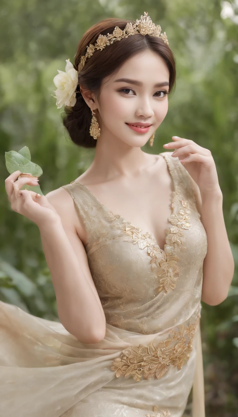 myth,argent,kebaya,gold,Scroll,batik,sleeveless, treasure,universe, face the camera, smile, 19 year old girl, cute girl, beautiful girl, indonesian model, white healthy skin, delicate eyes, tied-up hair, ethnic earrings, flower tiara, full body photo, ultra realistic hands, ultra realistic fingers, ultra detailed hands, ultra detailed fingers, (sexy body:1.2), (slim waist:1.2), product photo shot, holds a tiny green tube beauty serum.