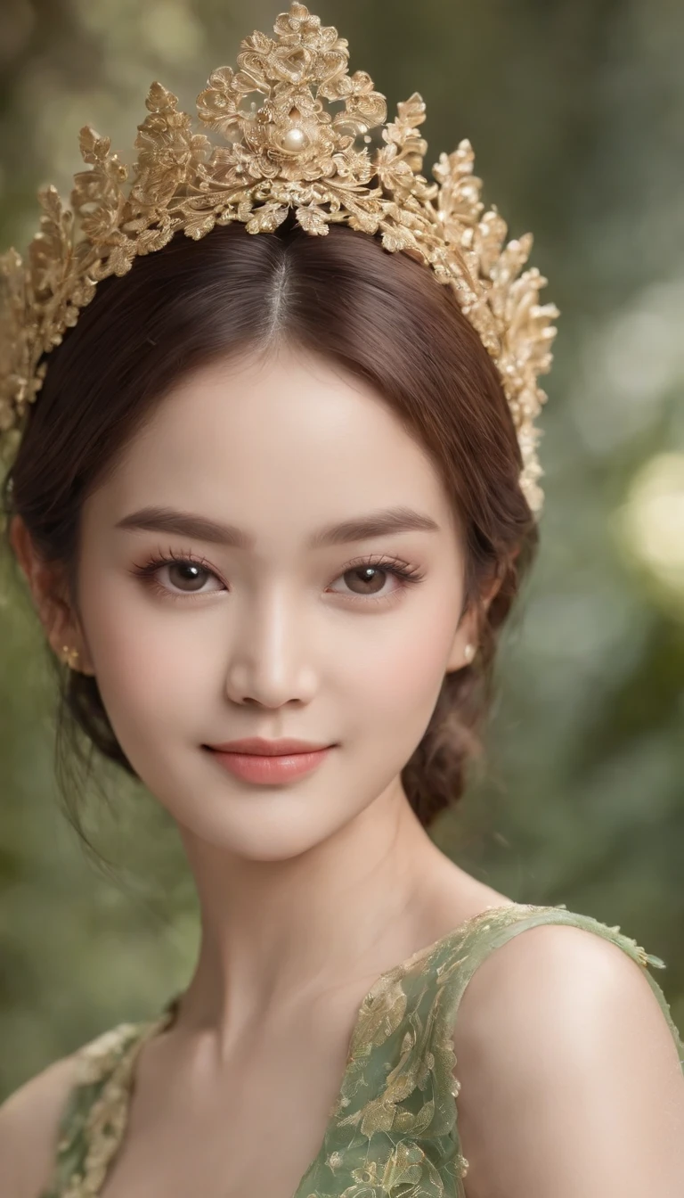 myth,argent,kebaya,gold,Scroll,batik,sleeveless, treasure,universe, face the camera, smile, 19 year old girl, cute girl, beautiful girl, indonesian model, white healthy skin, delicate eyes, tied-up hair, ethnic earrings, flower tiara, full body photo, ultra realistic hands, ultra realistic fingers, ultra detailed hands, ultra detailed fingers, (sexy body:1.2), (slim waist:1.2), product photo shot, holds a tiny green tube beauty serum.