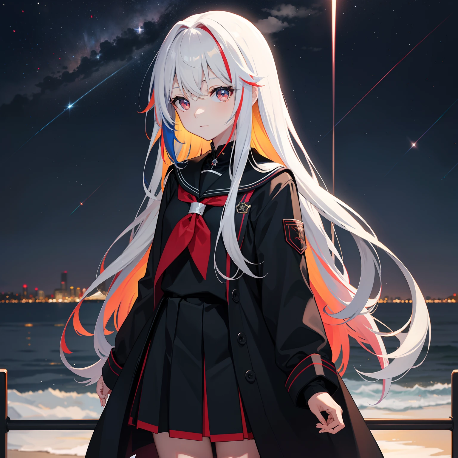 starrysky,Long hair in multicolored colors,red color eyes,black school uniform,horizon,Across the river,Black silk girl