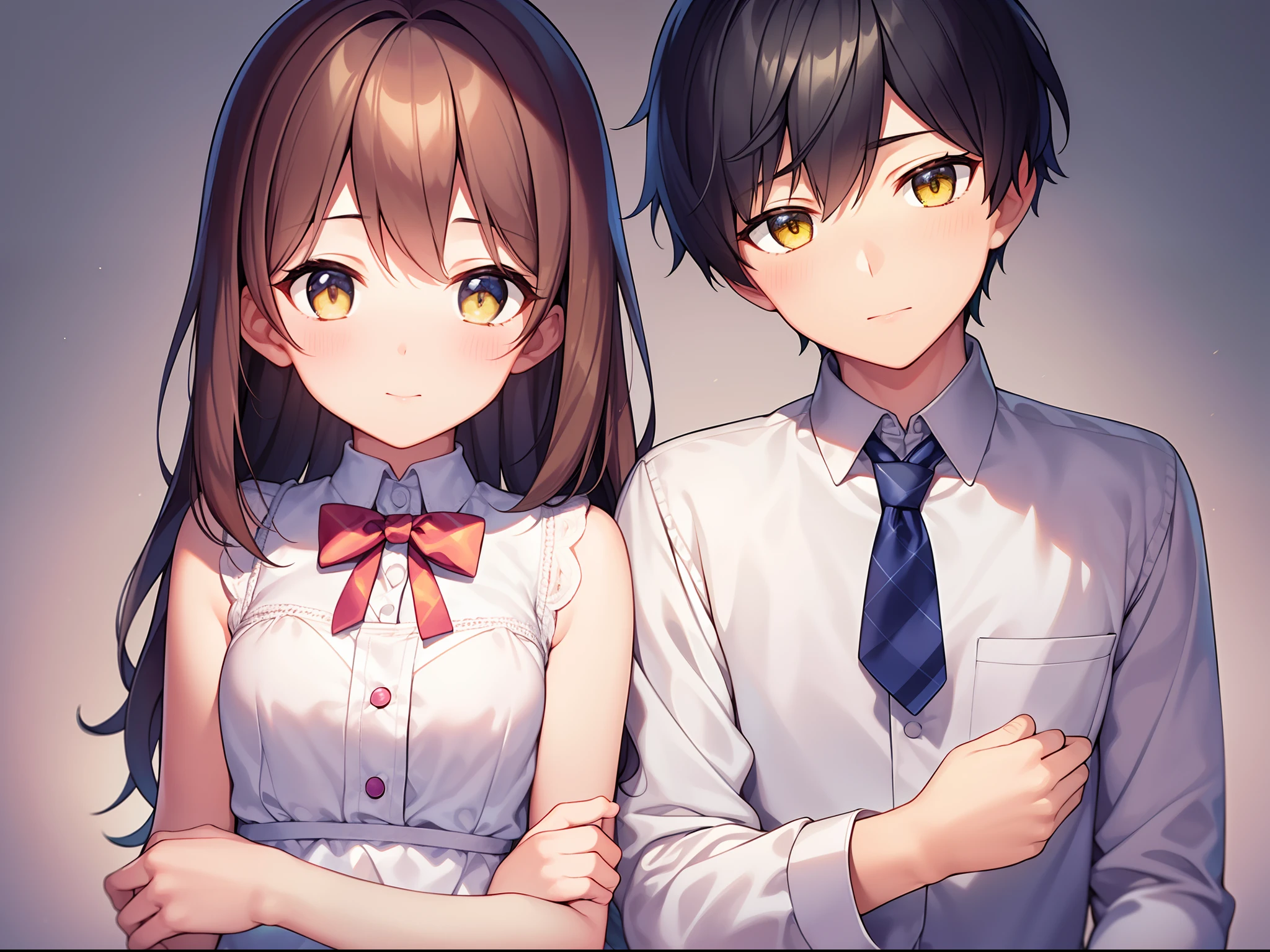 A boy and a girl stand in front of a polka dot background. The boy is wearing a necktie and the girl is wearing a polka dot dress. They both have yellow eyes and a slight blush on their cheeks. The boy has a bowtie and the girl has a bow in her hair. The overall image quality is of the best quality, with ultra-detailed elements and a realistic, photorealistic style. The colors are vibrant and the lighting is soft, creating a warm and inviting atmosphere.