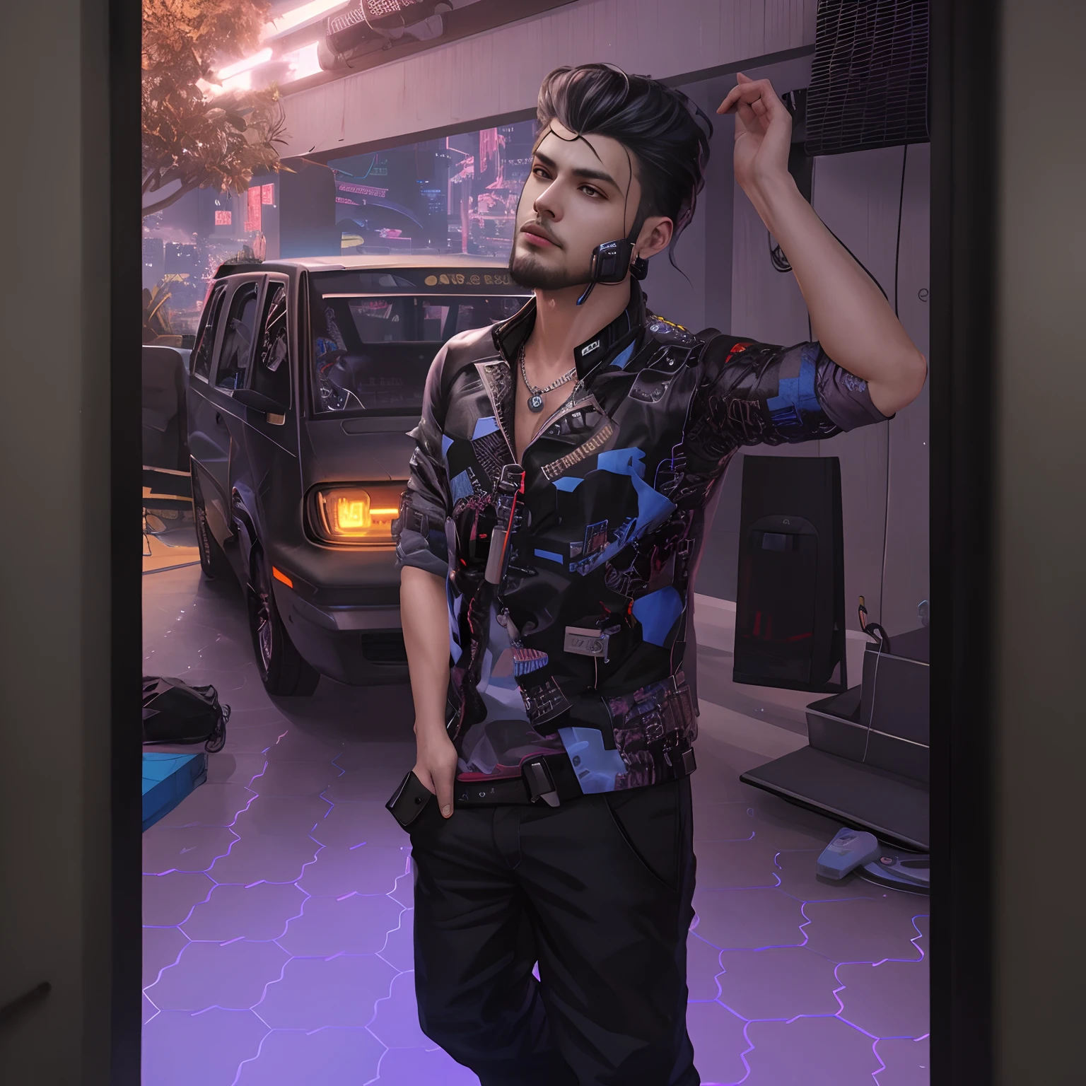 there is a man standing in a room with a car in the background, inspired by Adam Dario Keel, hyper-realistic cyberpunk style, inspired by Aleksander Gine, in a cyberpunk setting, in cyberpunk style, stylish pose, cyberpunk dude, inspired by Yanjun Cheng, cyberpunk style , hyperrealistic, cyberpunk vibe, cyberpunk garage on jupiter, inspired by Raymond Han