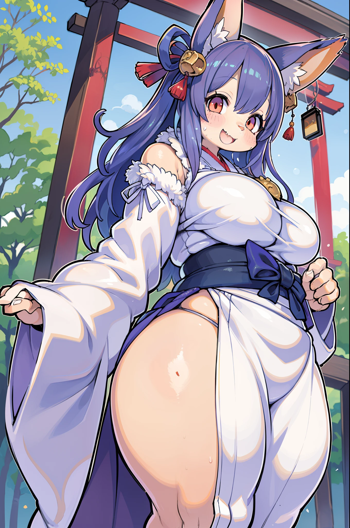 Fox Woman、body covered with fur、huge-breasted、kawaii、shrine maiden、Japan white clothes,Red Hakama、torii gate,autumn day、From below、Wide Shot、Very Wide Shot、A big smile、bbw、thick thight、big butts、Ultramammy、Under the maple tree