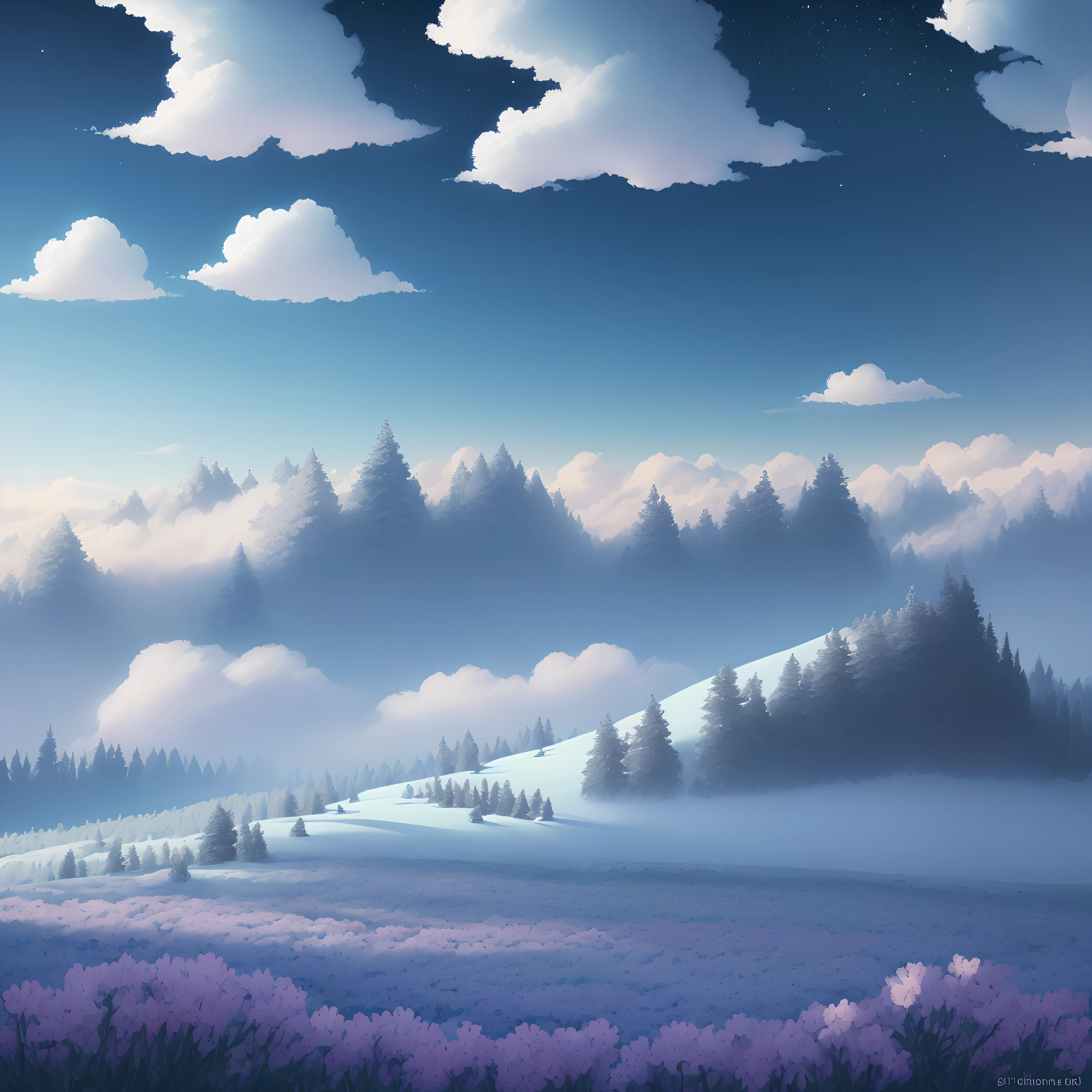 "lots of trees, Cartoon Illustration, Gradient sky with shining stars and pastel colors. Immerse yourself in a mysterious world full of magical elements (Weighting by 0.9). As you explore the picturesque outlines of flowers embedded in the landscape、Enjoy a touch of magic (Weight 0.8).There were cloudy clouds all over the sky.、The color of the sky is light blue."