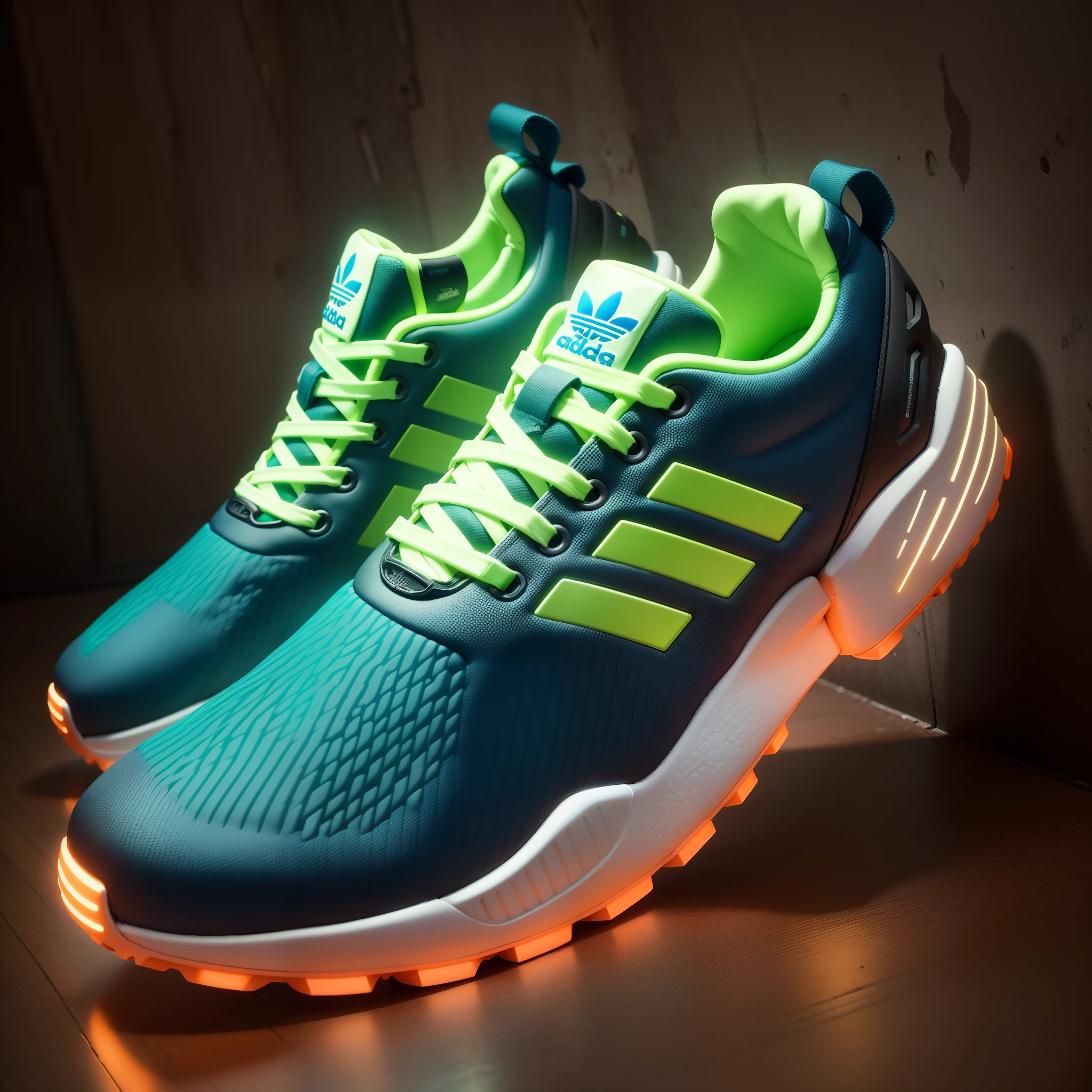 Product photograph of an adidas zx flux shoe, Epic representation, octano, ambiance, particuls, soft volumetric lights, (retroiluminado:1.3), (Kinematic:1.3), Intricate details cybernetic led lines, (Luz de fondo: 1.3), (movie: 1.3), Detalles intrincados, (Artstation: 1.3) )Photograph of the product of a shoe,Calzado,Children's shoes,cyberpunk,detalle,(perfil),Center of the page,photographic,Disco duro,4k,colores azul , blanco,naranja.oro,,Radical sole design,estylish,Producto Juvenil,4k,colores rosa fuxia,verde flourescente,amarillo, neon,,Radical sole design,y elegante,Youth product with LED lines. Logo adidas detallado.