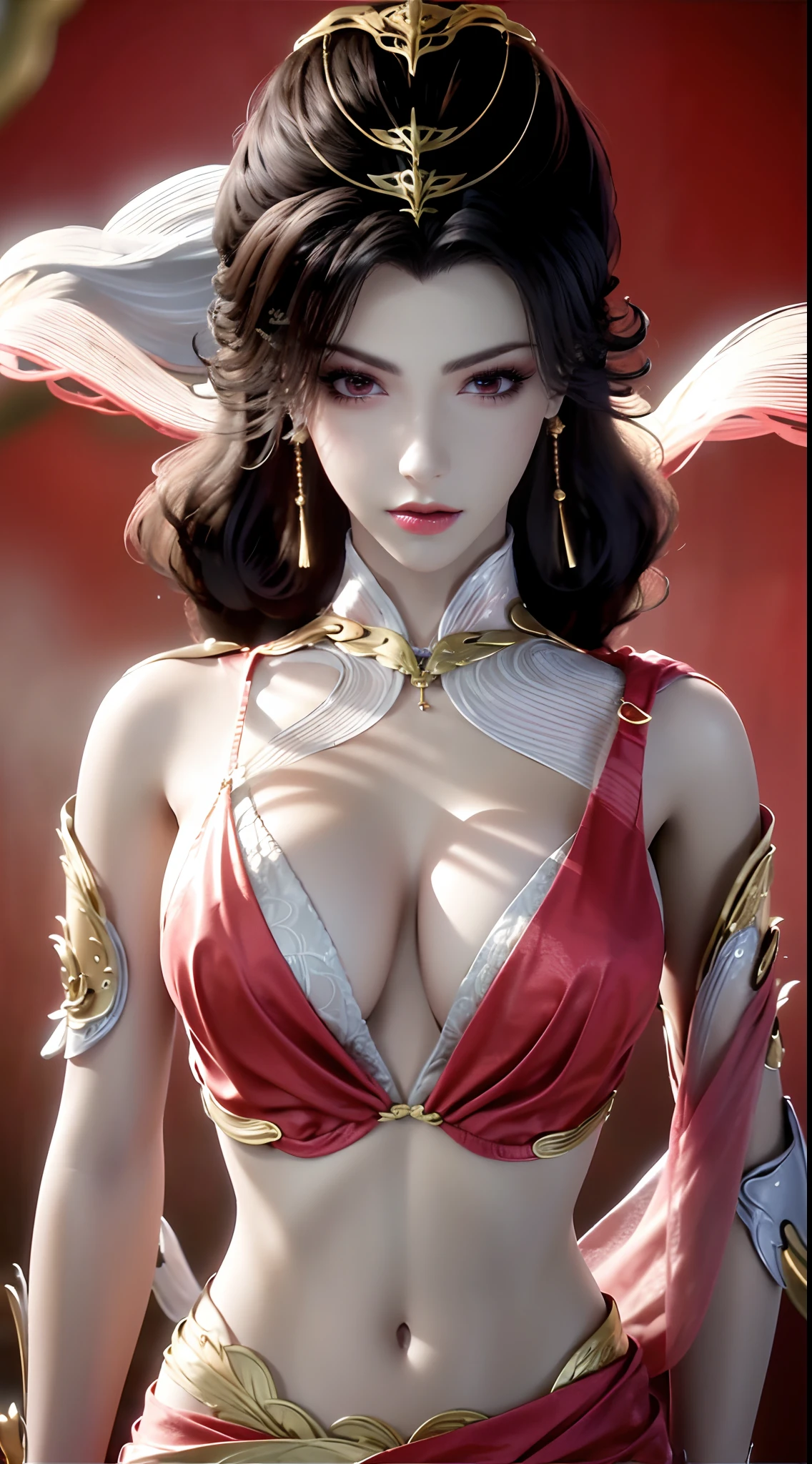"1 beautiful girl wearing a traditional costume, a long thin pale pink dress made of meticulously made silk, deep slit shirt, historical style costumes, sexy ancient style, jet black curly hair, the most beautiful and detailed hair jewelry, beautiful little face thin eyebrows, the most beautiful and spotless face, ((black iris:0.8)), the very beautiful eyes, big round eyes, ((brown pink color eyes:1.1)), fine and detailed makeup eyelashes, high nose, wearing earrings, small red lips, rosy face, clean face, beautiful face without blemish, smooth white skin, ((big breasts:1.2)), Blums boobs, ((big and super round breasts:1.5)), ((super tight breasts:1.2)), ((breast augmentation:1.5)), beautiful breasts, slim and petite body, ((thin waist: 0.9)), frontal portrait of a beautiful girl, sexy girl, skirt, fishnet stockings color coordinated according to the outfit, pose elegantly, elegantly, and politely, 8k photo, super high quality, super realistic, 10x super pixels, photo realistic, dark studio, border light, two tone light, (detailed skin high: 1.2), 8k uhd, dslr, soft light, high quality, volumetric light, candid, Photo, high resolution, light, best photo, 4k quality, 8k, Bokeh, Smooth and sharp, pixel up 10 times, lightning, super graphics, the most realistic graphics, (((red thunder background:1.4)))1 girl, alone, solo, (((frontal portrait:1))), Extremely sharp, super realistic images, ((outside scene of falling peach blossoms:1.2))), ((angle shot tilted from bottom to 45 degrees)),"