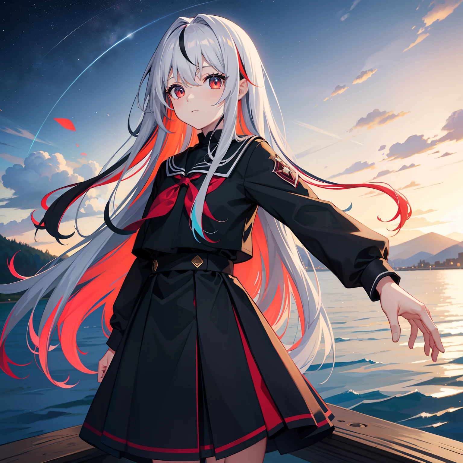 starrysky,Long hair in multicolored colors,red color eyes,black school uniform,horizon,Across the river,Black silk girl