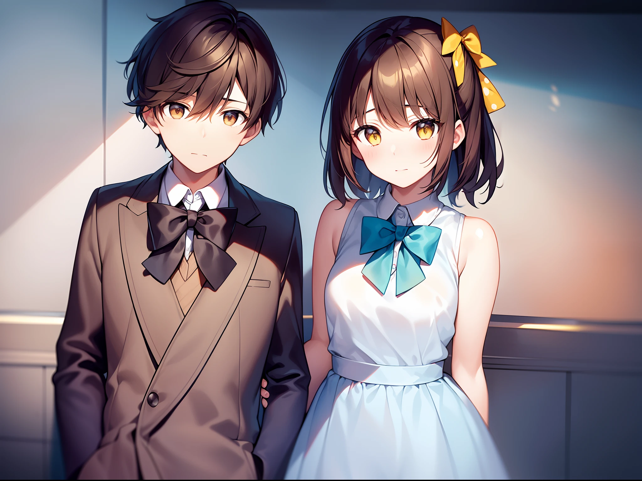 A boy and a girl stand in front of a polka dot background. The boy is wearing a necktie and the girl is wearing a polka dot dress. They both have yellow eyes and a slight blush on their cheeks. The boy has a bowtie and the girl has a bow in her hair. The overall image quality is of the best quality, with ultra-detailed elements and a realistic, photorealistic style. The colors are vibrant and the lighting is soft, creating a warm and inviting atmosphere.