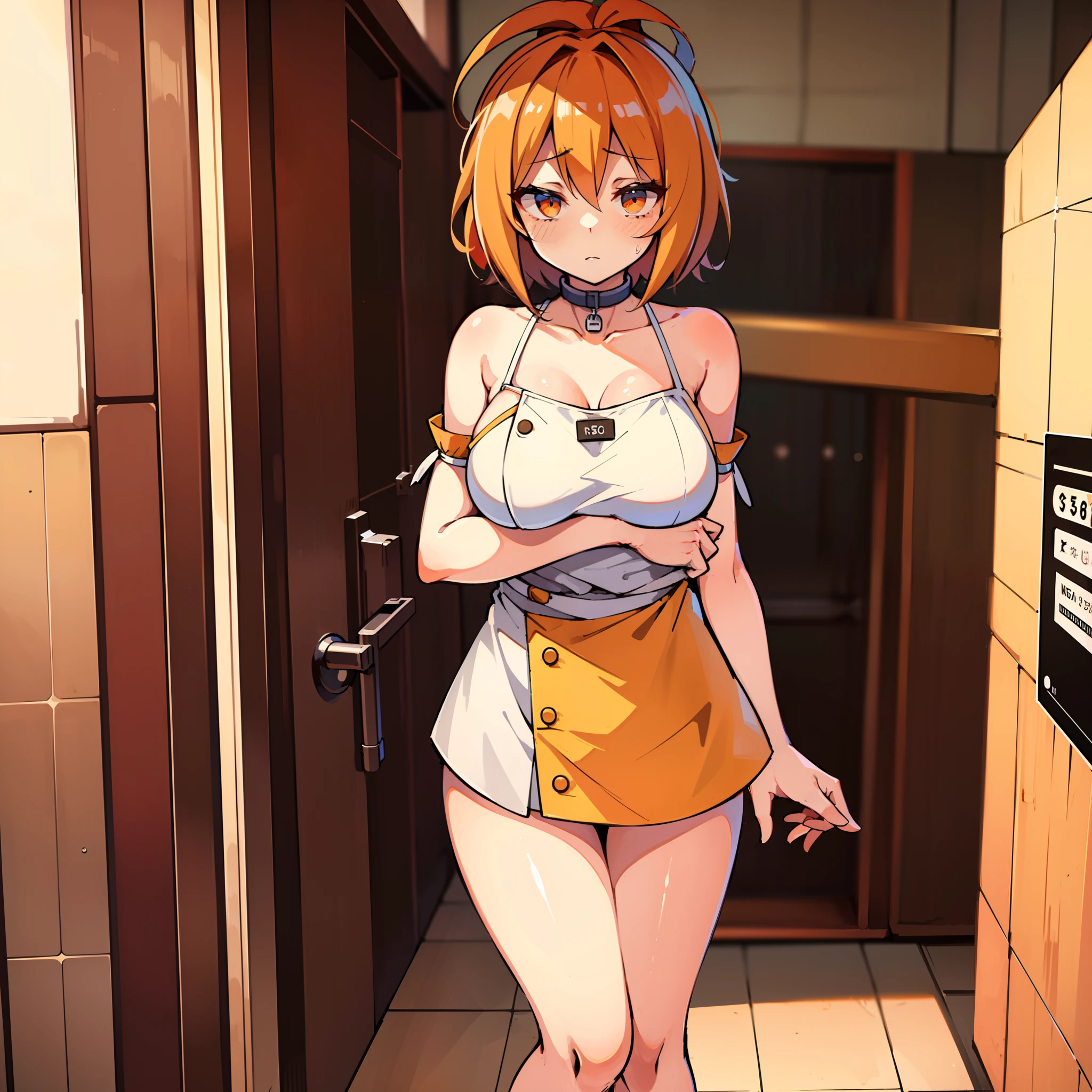 igawa, (naked waist apron:1.2),(very short strapless apron:1.2),cleavage,erected nipples,blonde hair,bobcut, purple eyes, looking at viewer, cafe,(highres, high quality:1.1), intricate details, cinematic lighting, 1girl,(red blush,embarrassed),from below,(metal collar),show off pussy,have a beer mug,