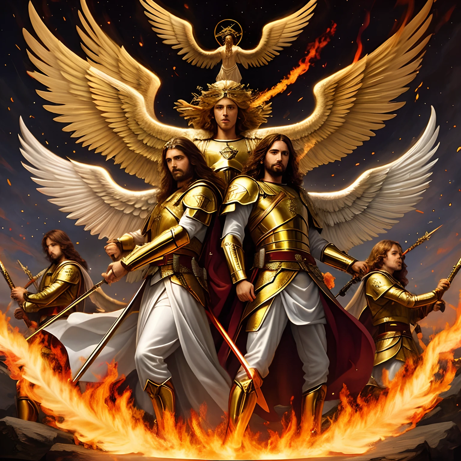 Jesus and Archangel Michael lead an army of angels with flaming swords