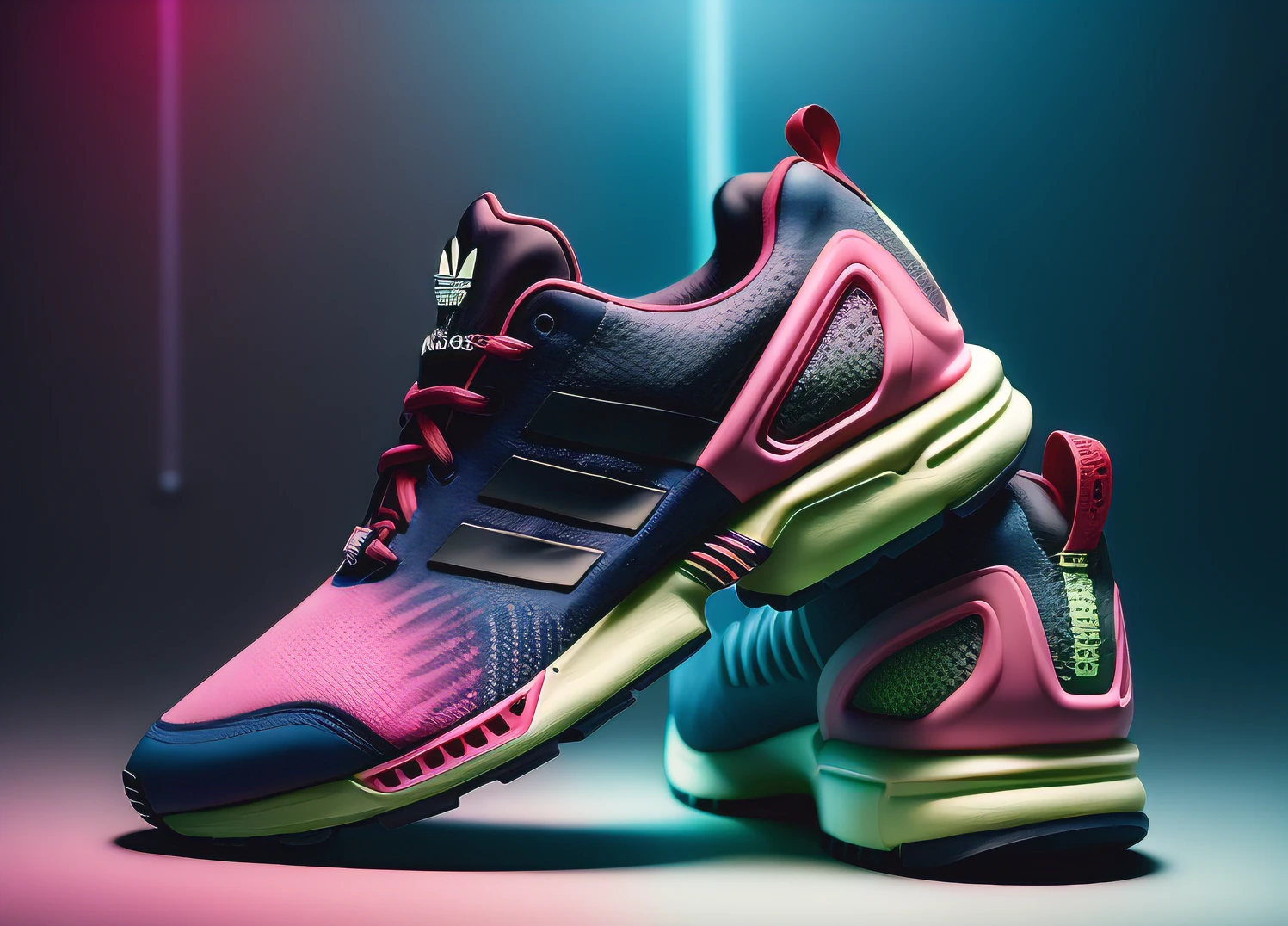 Product photograph of an adidas zx flux shoe, Epic representation, octano, ambiance, particuls, soft volumetric lights, (retroiluminado:1.3), (Kinematic:1.3), Intricate details cybernetic led lines, (Luz de fondo: 1.3), (movie: 1.3), Detalles intrincados, (Artstation: 1.3) )Photograph of the product of a shoe,Calzado,Children's shoes,cyberpunk,detalle,(perfil),Center of the page,photographic,Disco duro,4k,colores azul , blanco,naranja.oro,,Radical sole design,estylish,Producto Juvenil,4k,colores rosa fuxia,verde flourescente,amarillo, neon,,Radical sole design,y elegante,Youth product with LED lines. Logo adidas detallado.