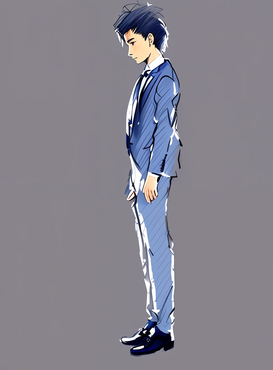 Picture of man in suit standing with hands in pockets, standing elegant pose, Man Standing, portrait of a full body, portrait of a full body, subject detail: Wearing a suit, distant full body view, full body profile pose, portrait full body, line-drawing, Standing Pose, sketch illustration, mid body portrait, Full body illustration, the character is standing