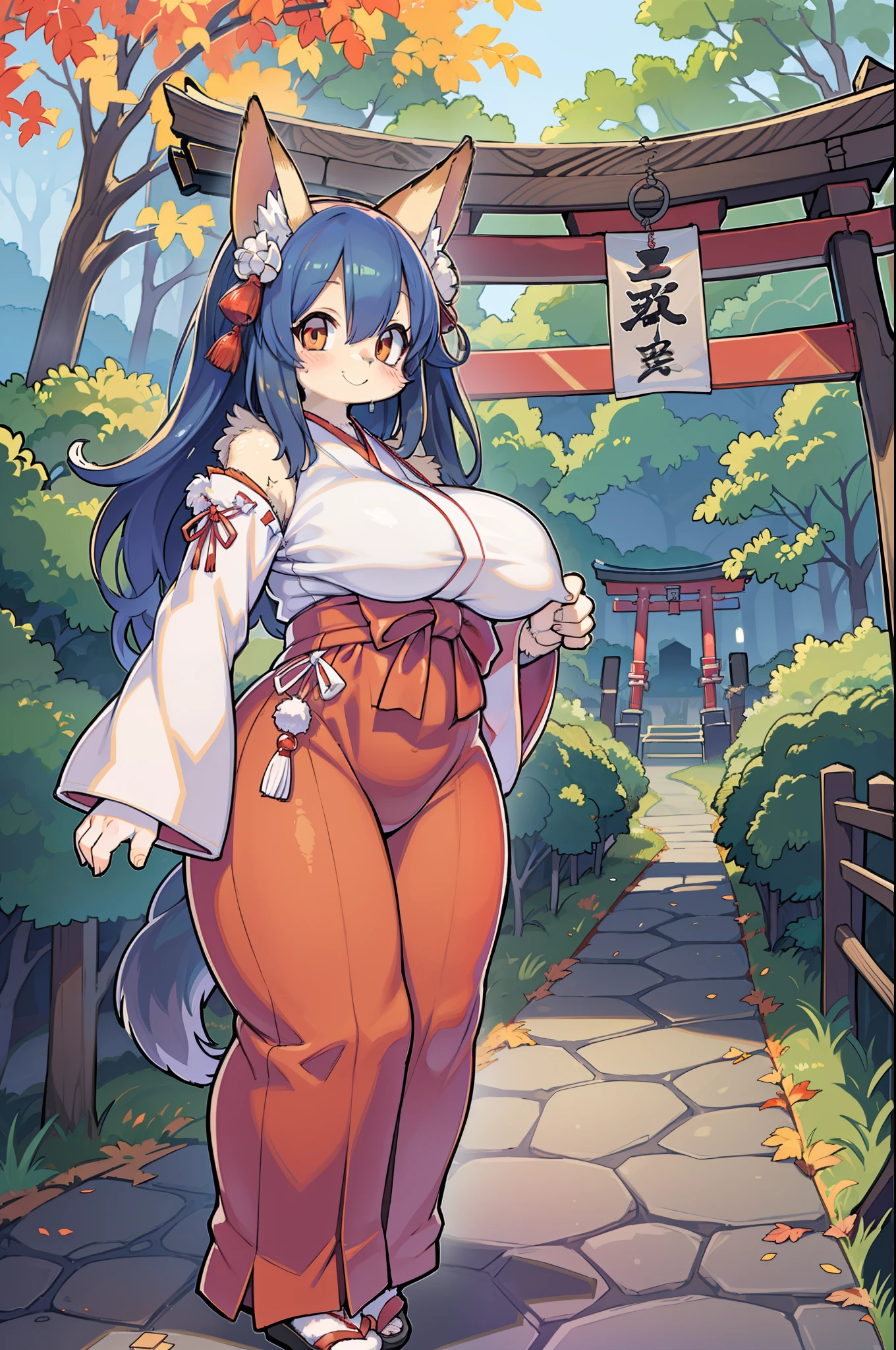 Furry, Huge Boobs, Female, indigo fur, Kimono, fox girl, thicc, fluffy body, Thicc Thighs, chubby, plump, anthro, rear view, Huge Ass, Thighs, cute face