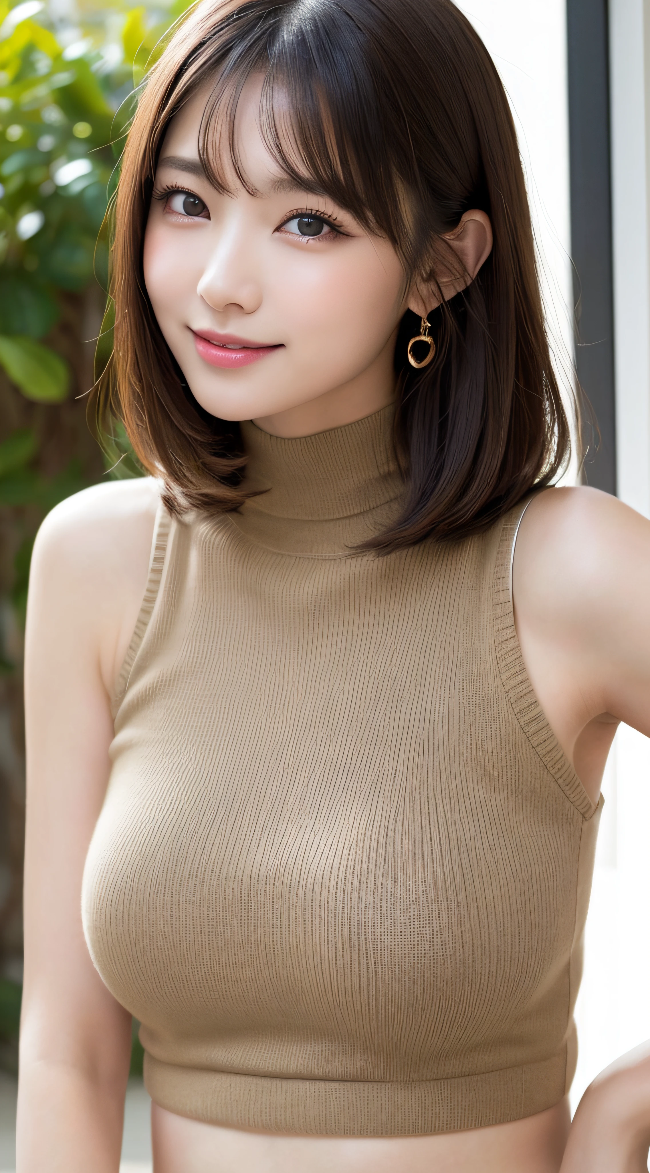 masutepiece, Best Quality, Photorealsitic, finely detail, hight resolution, 8K Wallpapers, Perfect dynamic composition, Beautiful detailed eyes, Medium Hair, large full breasts, Random and sexy poses,Bring your chest together、(Mock Neck Crop Tank Top Khaki Knitwear)、(Breast bulge 1.2)、A smile、open open mouth、Resort scenery、23years old、(Drooping eyes 1.4)、Adult beauty、japanes