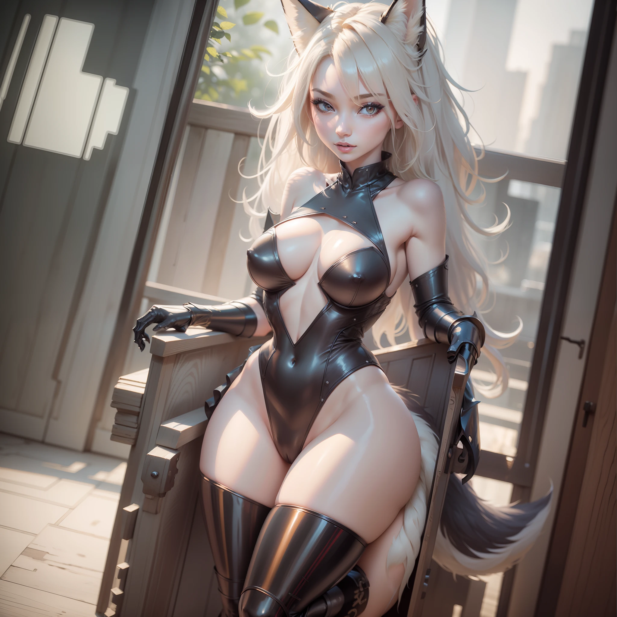 Sexy female fox, beautiful face, long blonde hair, wearing white lacy lingerie, sexy, fıt body, large breasts, standing, high detail, backlighting, ray tracing, depth of field, close-up, bokeh, Canon, UHD, high details, anatomically correct, super detail, 8k, best quality, full body should be shown, tail should be shown in the background nsfw