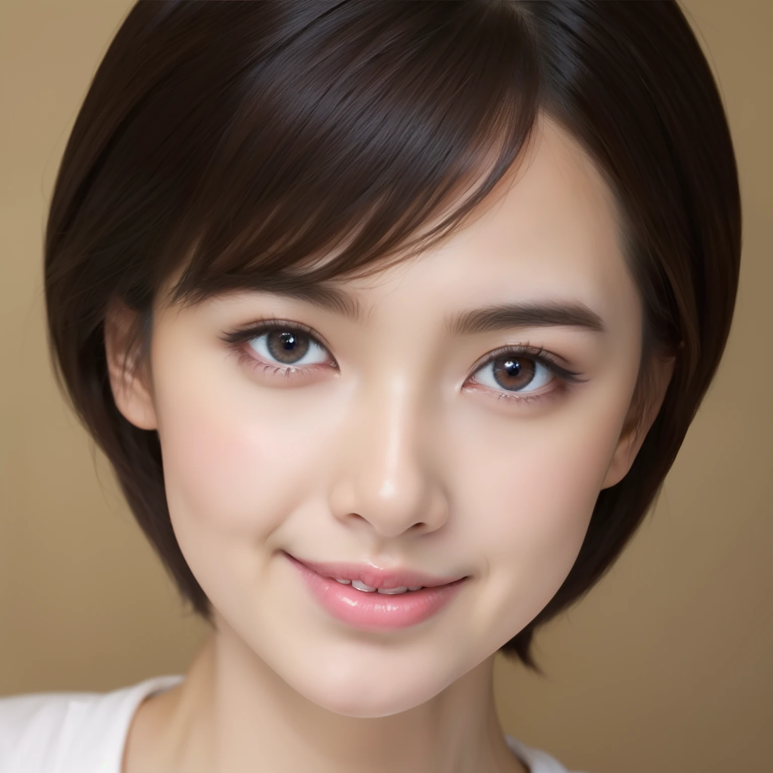 Ultra-realistic capture、 Very detailed、 High resolution 32K human skin close-up。 The texture of the skin is natural.、 The pores need to be fine enough to be discernible。 Skin needs to look healthy with uniform tones。 Use natural light and color、a smile、A slender、A charming、short-hair、Brown eyes、Open chest、knit、Big eyes、Refreshing、Beautiful Japan、shadings、clean、