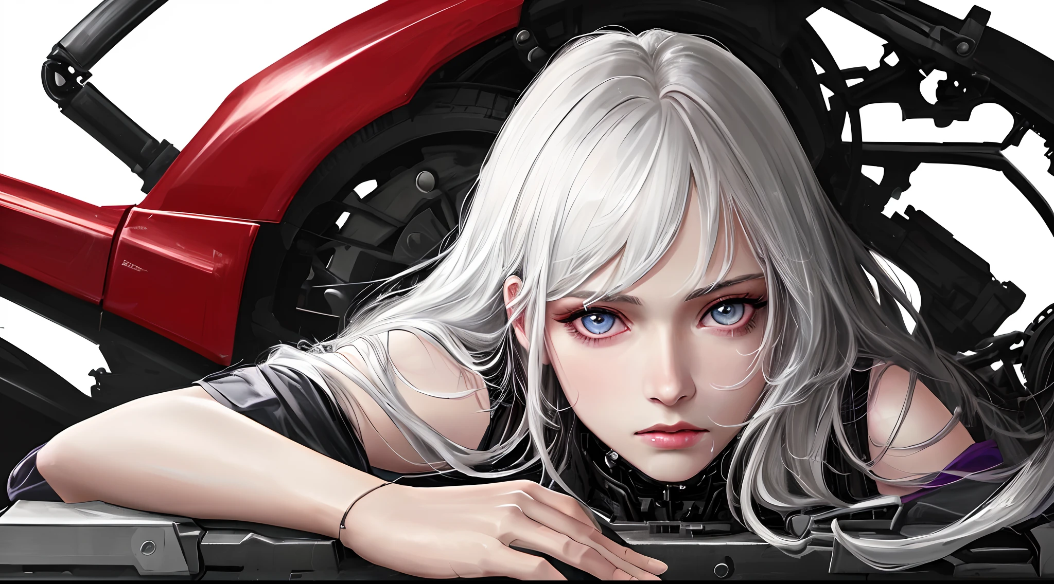(best quality,4k,8k,highres,masterpiece:1.2), ultra-detailed, (realistic,photorealistic,photo-realistic:1.37), portrait, detailed eyes, detailed lips, long eyelashes, mechanical composition, beautiful face, pained posture, red color tone, adorable girl, exposed machinery, fractured right femur, fractured right arm, lying on the floor, longing gaze, drooling, white hair, robotic girl, 14 years old, full-body shot, anime-style